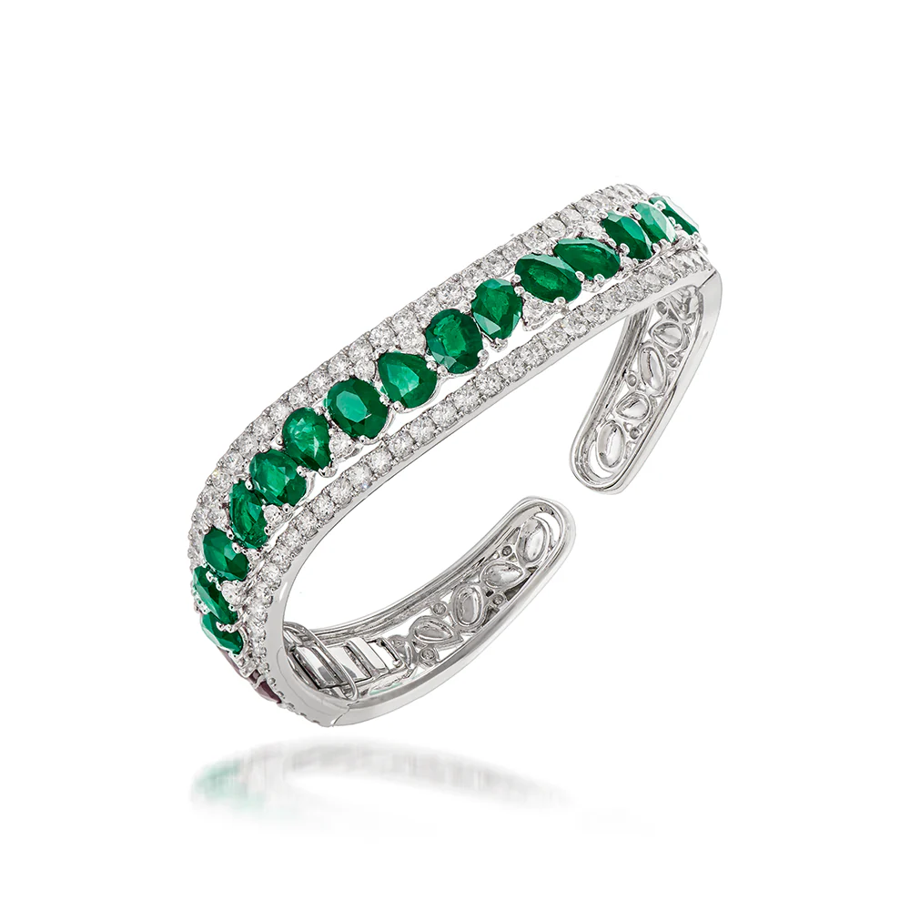 Butani Emerald Diamond Cuff Bracelet 18K White Gold - Image 2