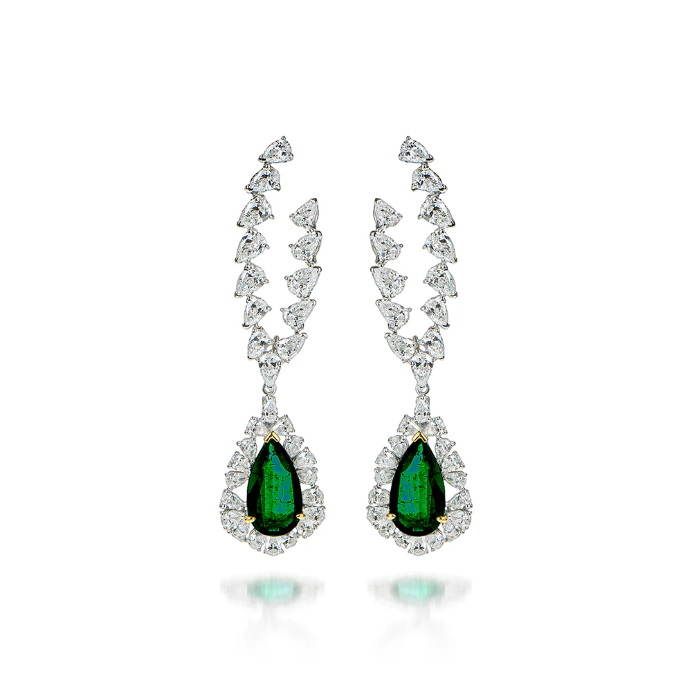 Butani Pear Emerald Diamond Drop Earrings