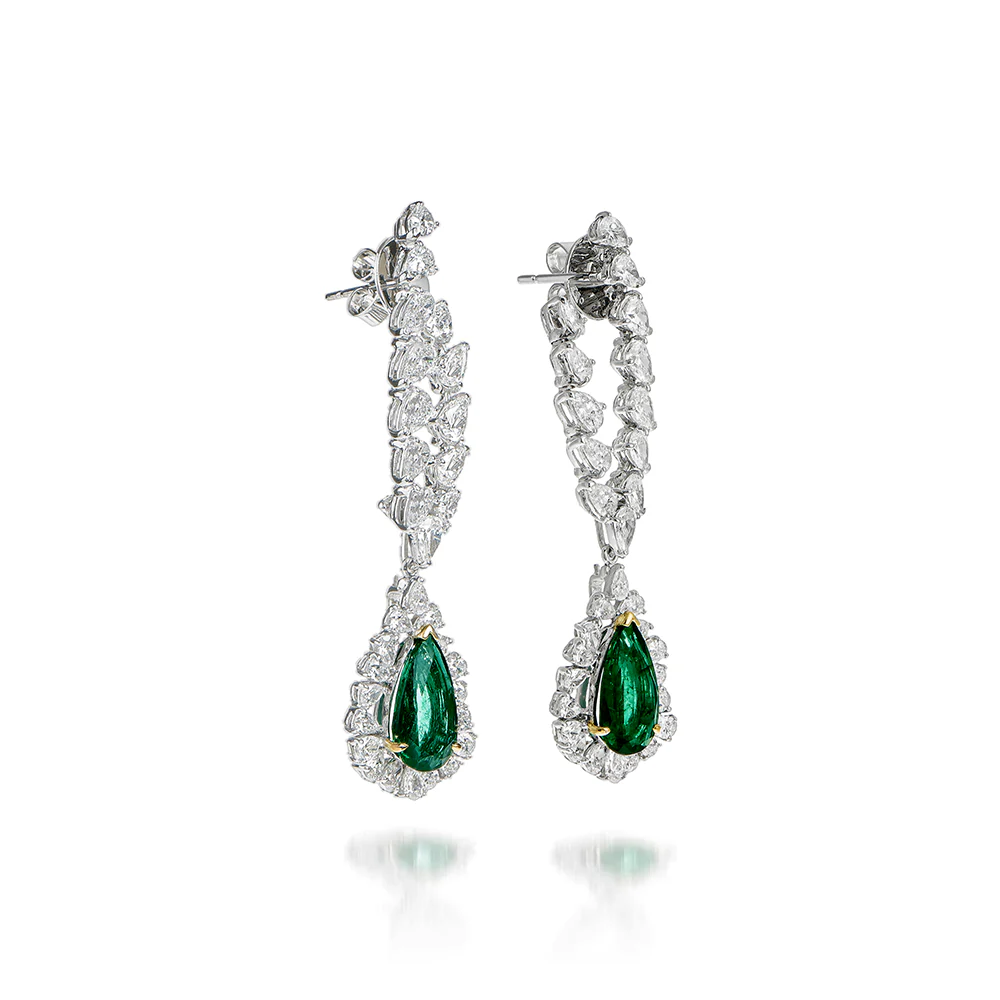 Butani Pear Emerald Diamond Drop Earrings - Image 2