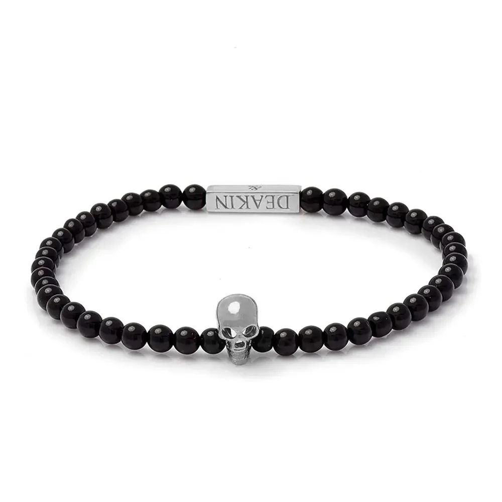 Deakin and Francis Silver Skull Onyx Beaded Bracelet