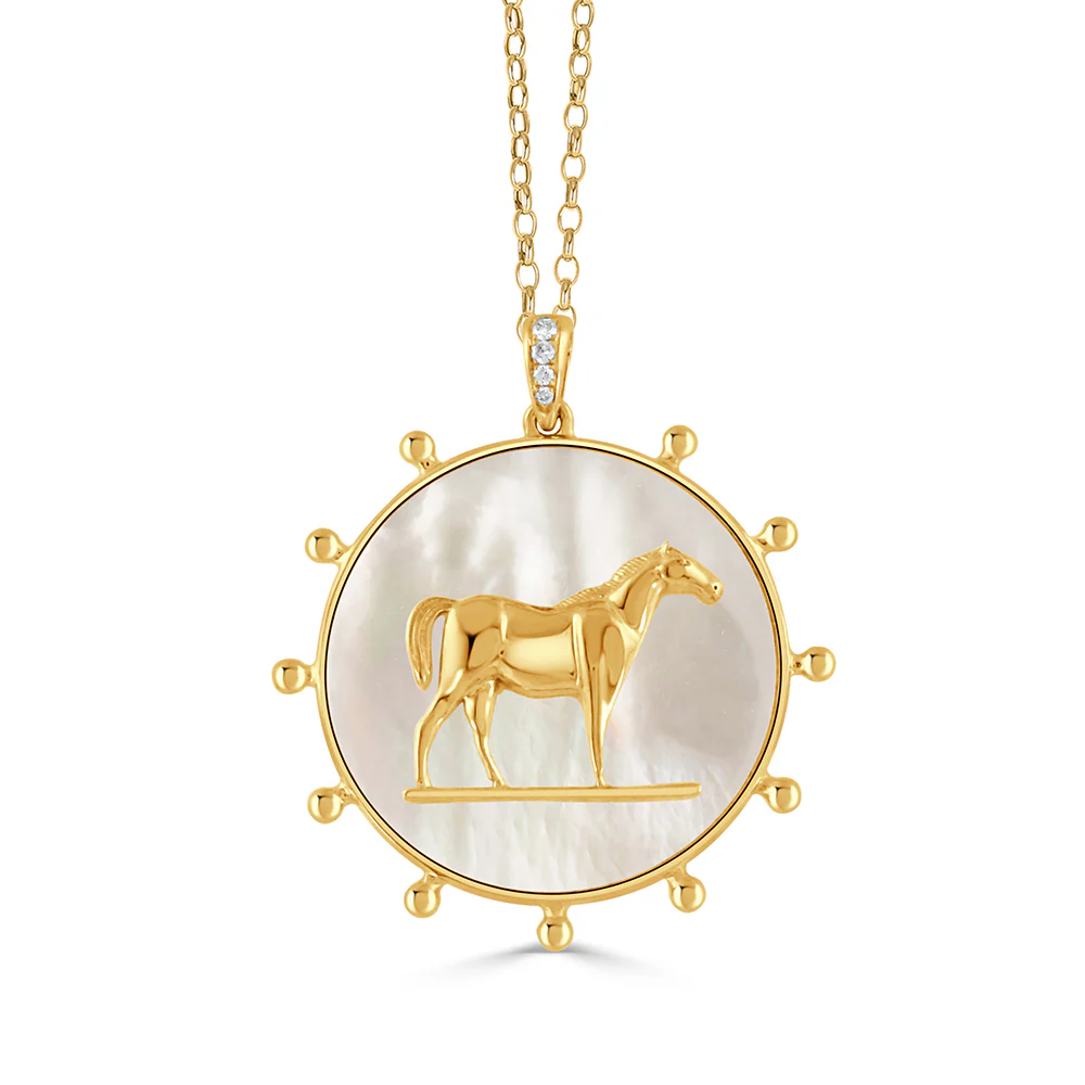 Doves Equestrian Mother of Pearl Horse Pendant 18K Yellow Gold