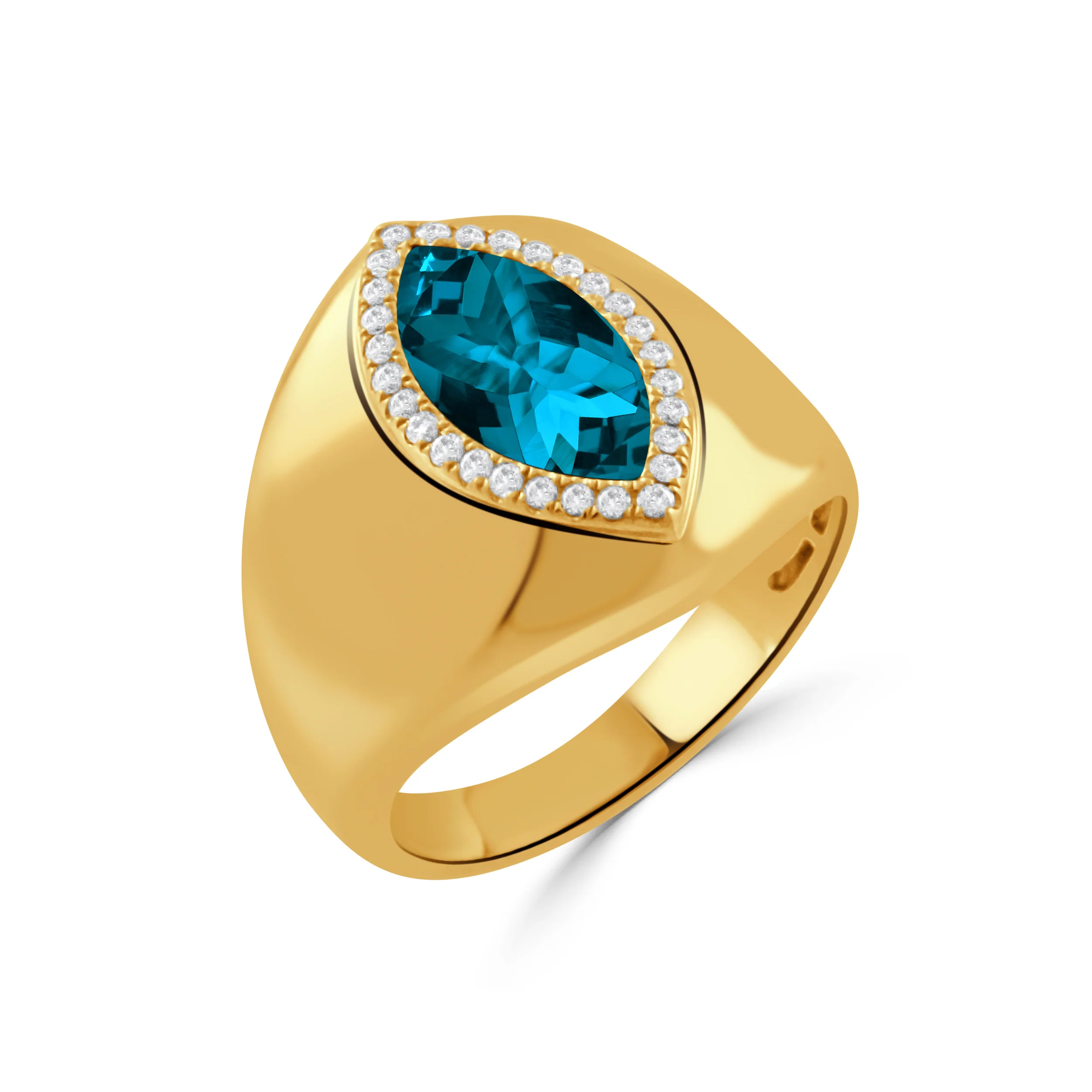 Doves London Blue Marquise Topaz Ring with Diamond Halo 18K Yellow Gold