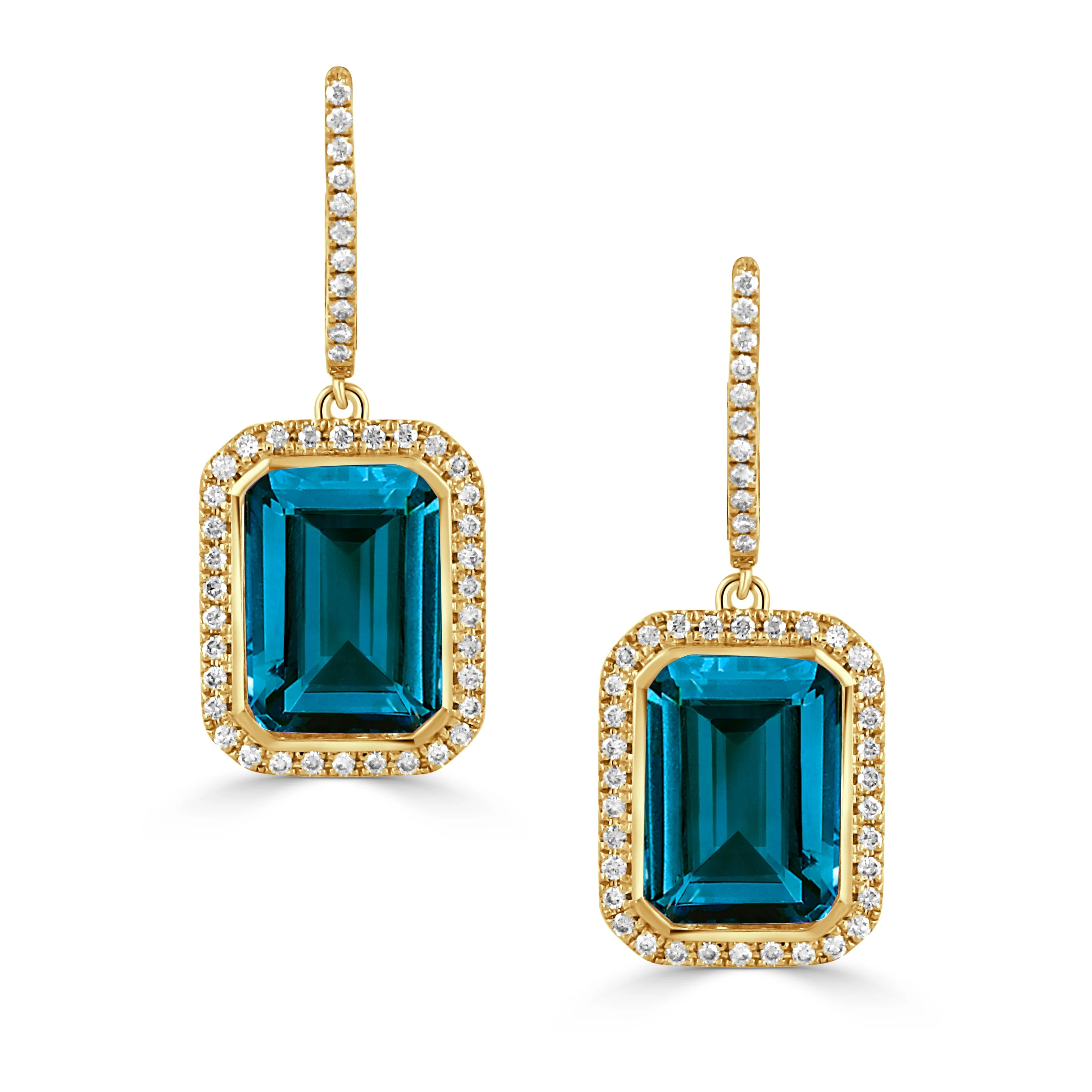 Doves London Blue Topaz Diamond Halo Drop Earrings 18K Yellow Gold