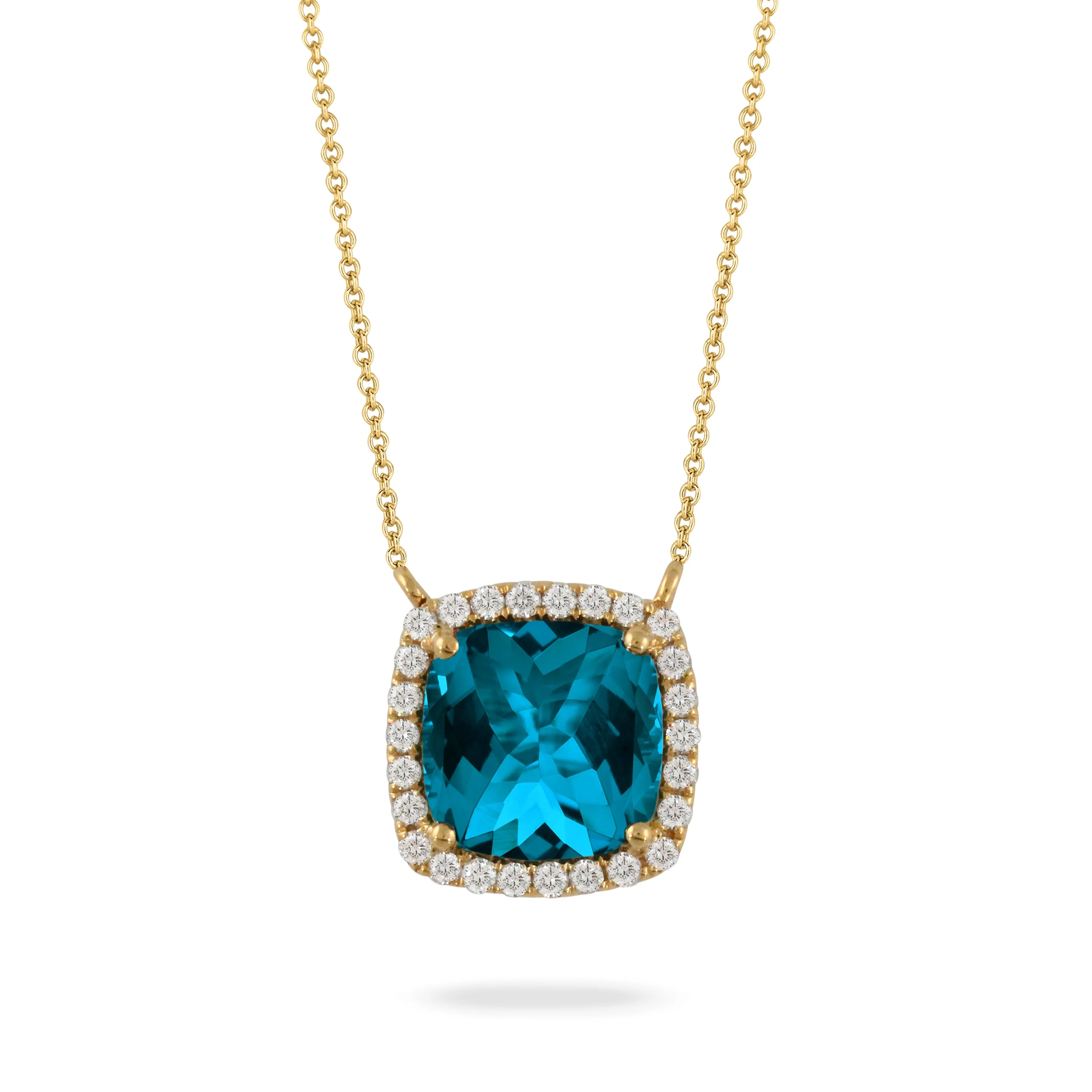 Doves London Blue Topaz Diamond Halo Pendant Necklace 18K Yellow Gold