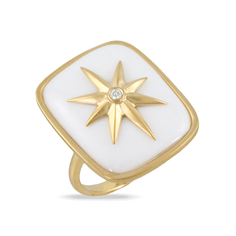 Doves Maritime 18K Yellow Gold White Agate Ring