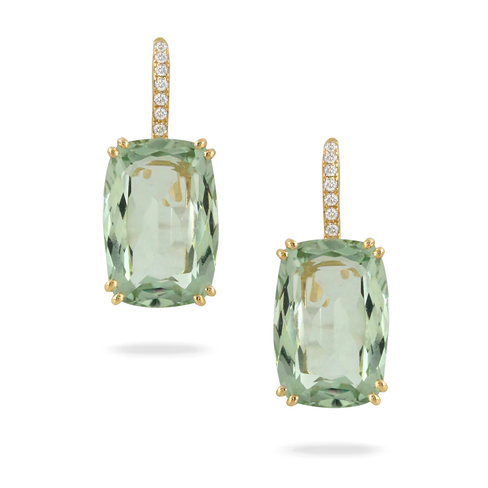 Doves Mint Mojito Green Amethyst Diamond Earrings 18K Yellow Gold