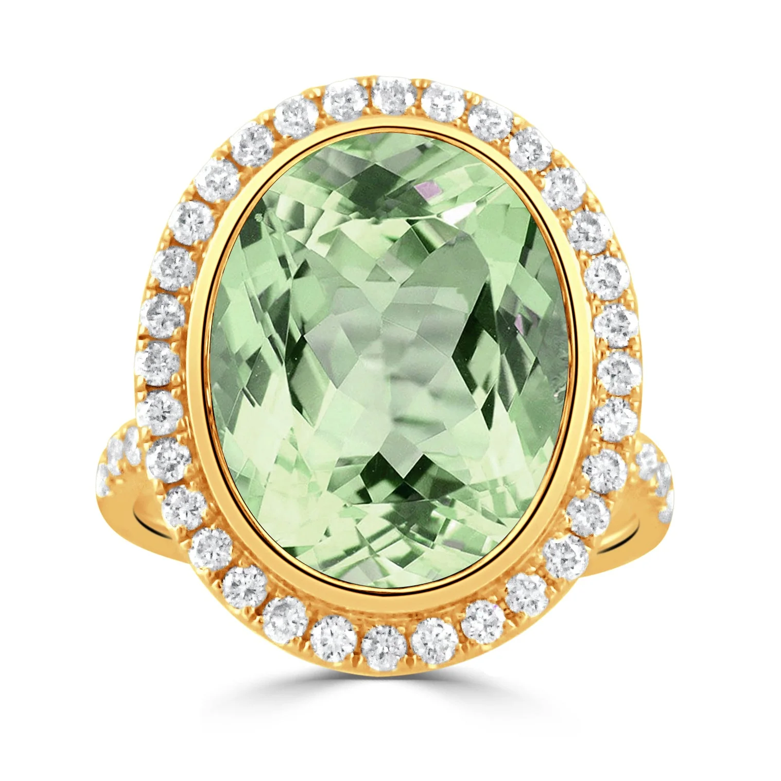 Doves Mint Mojito Oval Green Amethyst Diamond Halo Ring 18K Yellow Gold