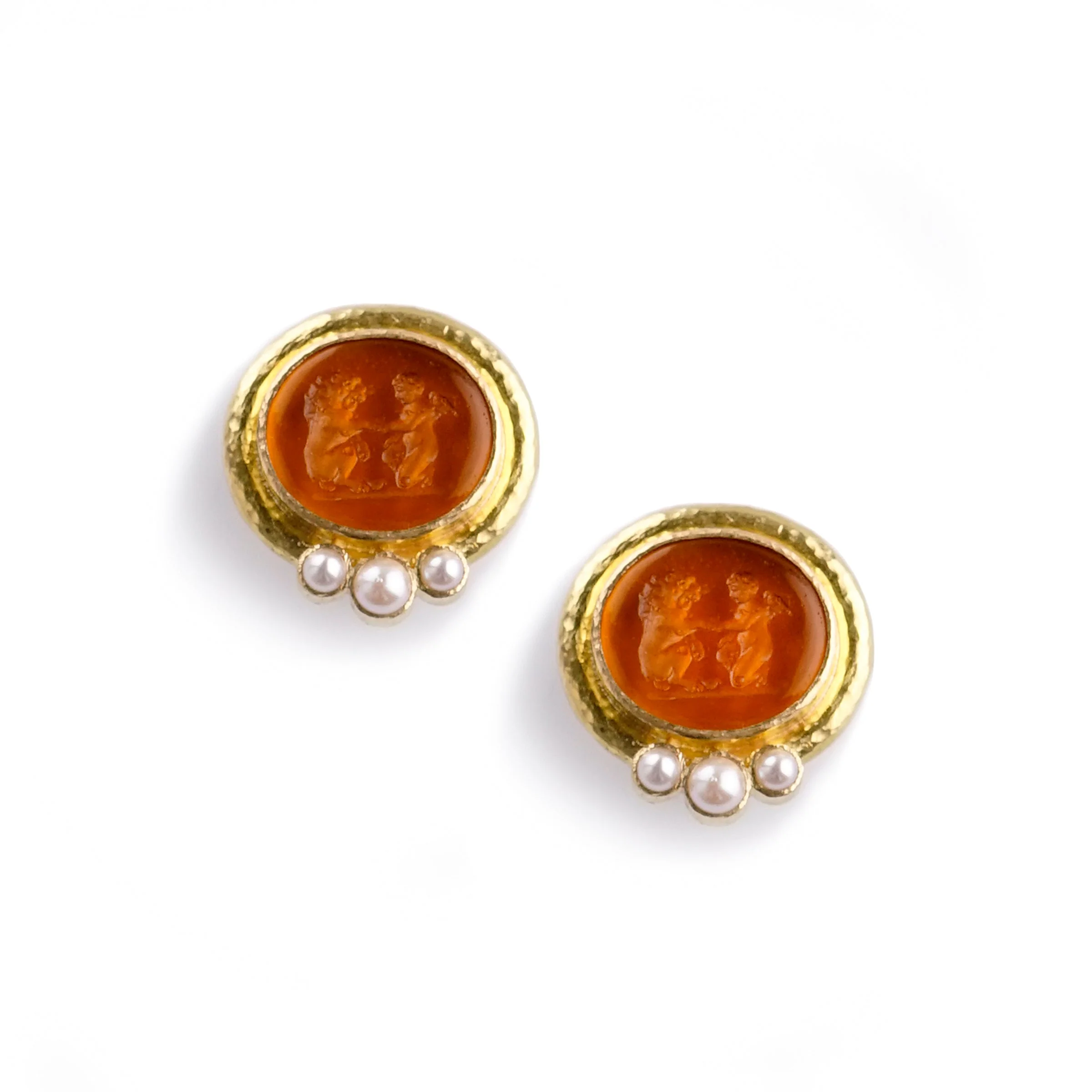 Elizabeth Locke Amber Lion and Putto Venetian Glass Intaglio Earrings