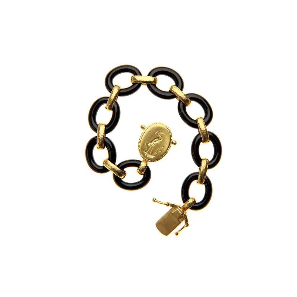 Elizabeth Locke Black Jade Link Bracelet with Crane Clasp 19K Yellow Gold