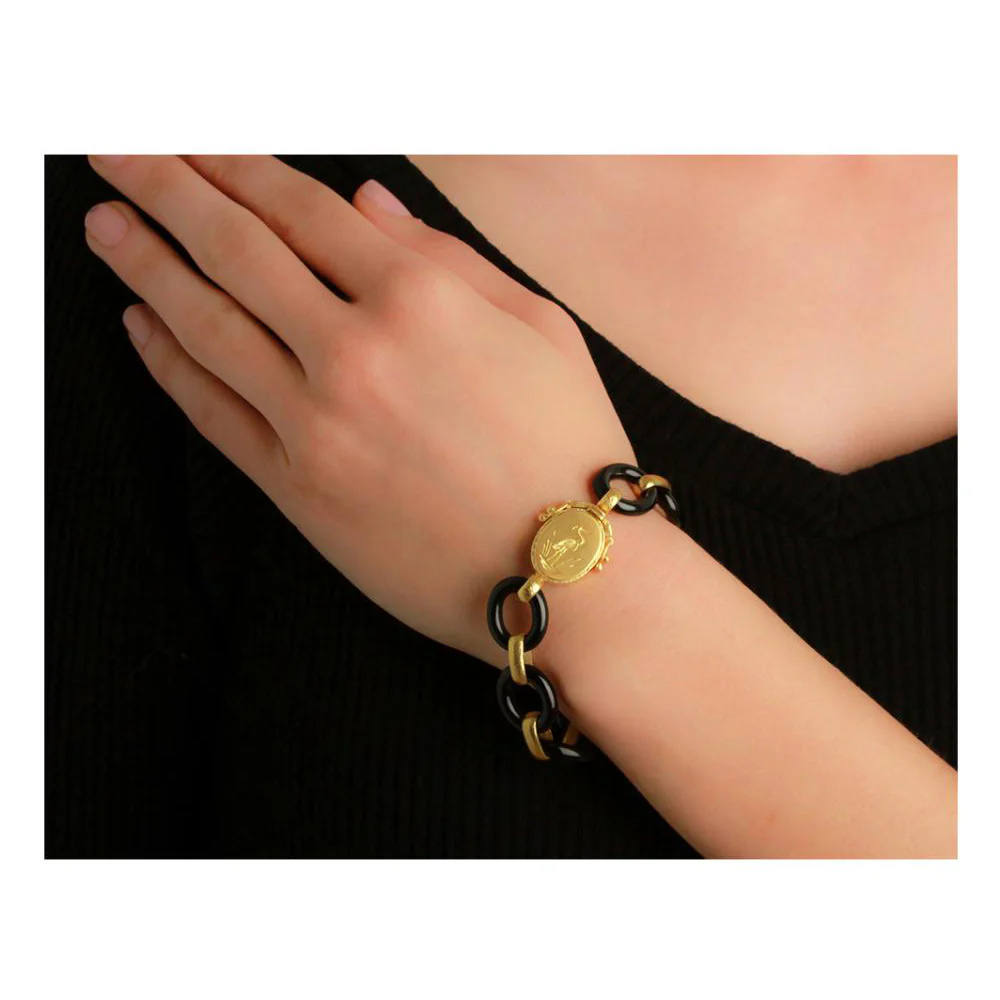 Elizabeth Locke Black Jade Link Bracelet with Crane Clasp 19K Yellow Gold - Image 2