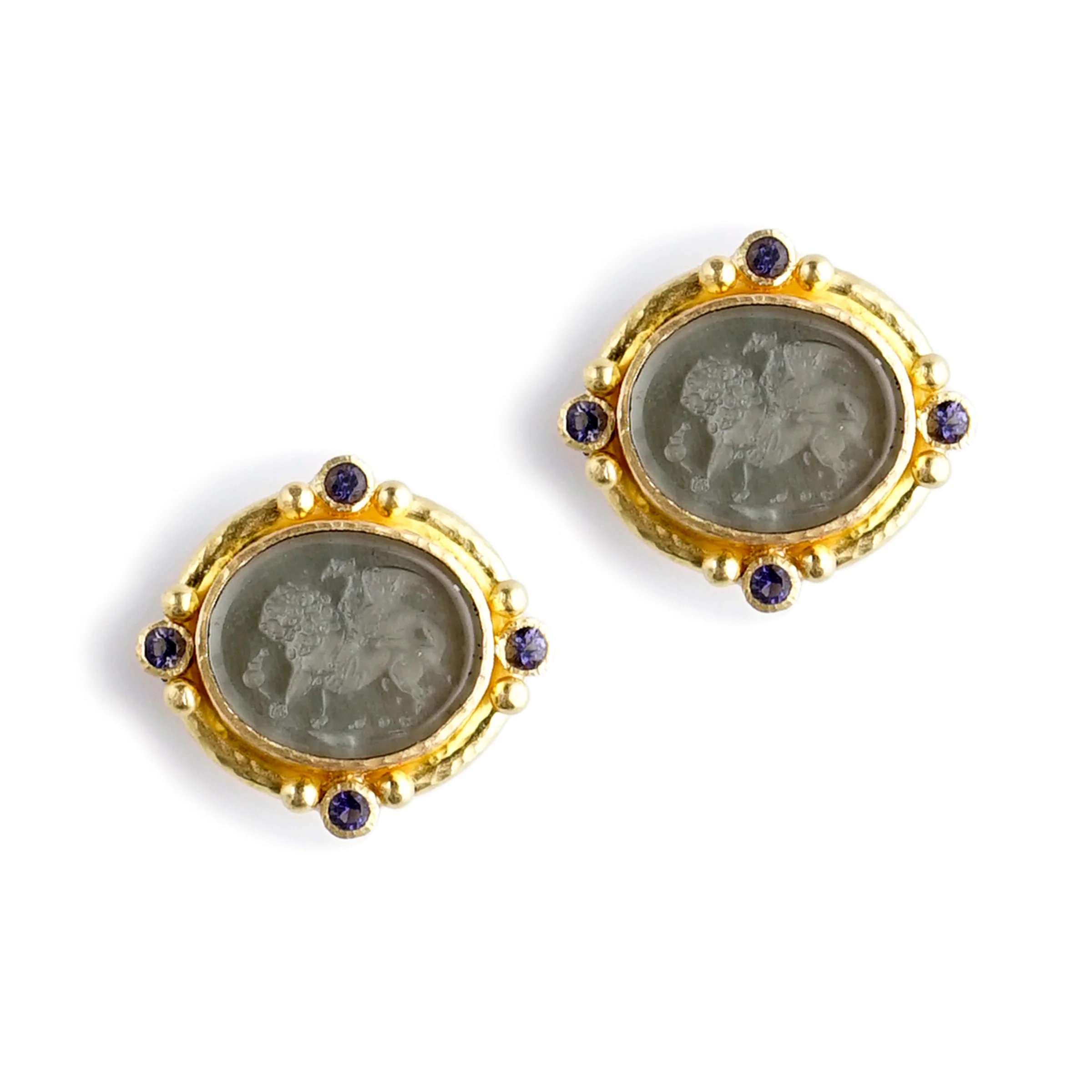 Elizabeth Locke Smoke Griffin and Lion Venetian Glass Intaglio Earrings