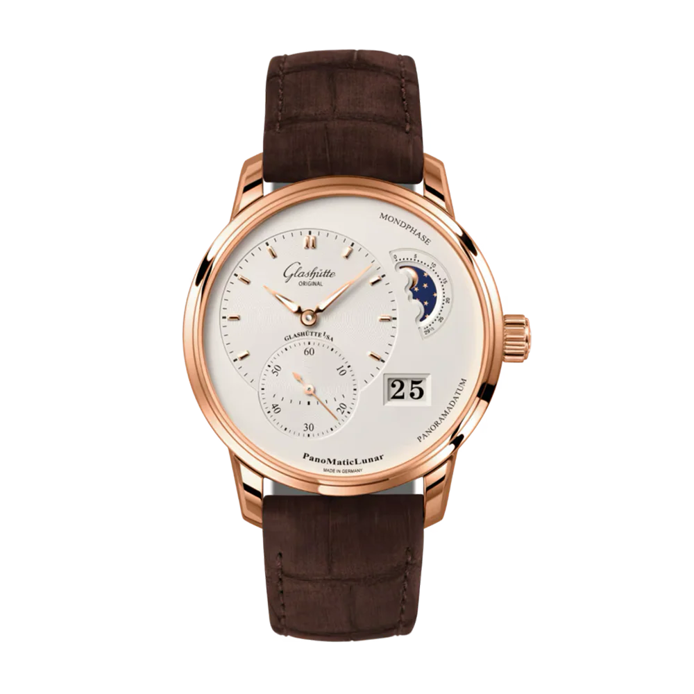 Glashütte Original PanoMaticLunar 40mm Red Gold Silver Dial Leather Strap