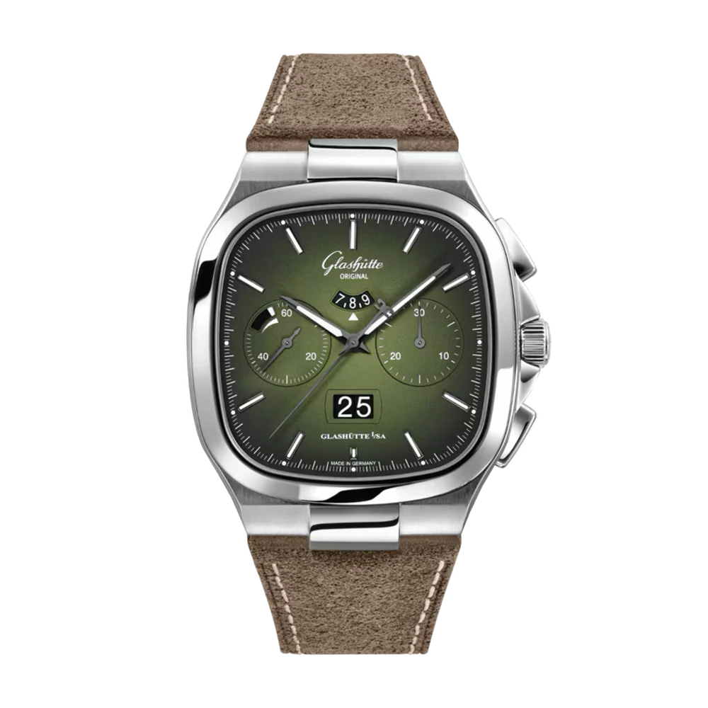 Glashütte Original Seventies Chronograph Panorama Date Green Dial Leather Strap