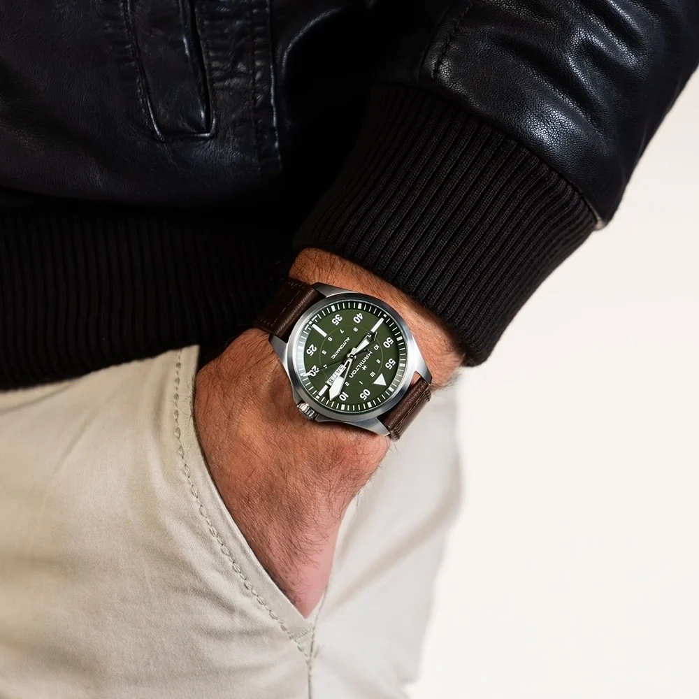 Hamilton Khaki Aviation Pilot Day Date Auto Green Dial Leather Strap - Image 2