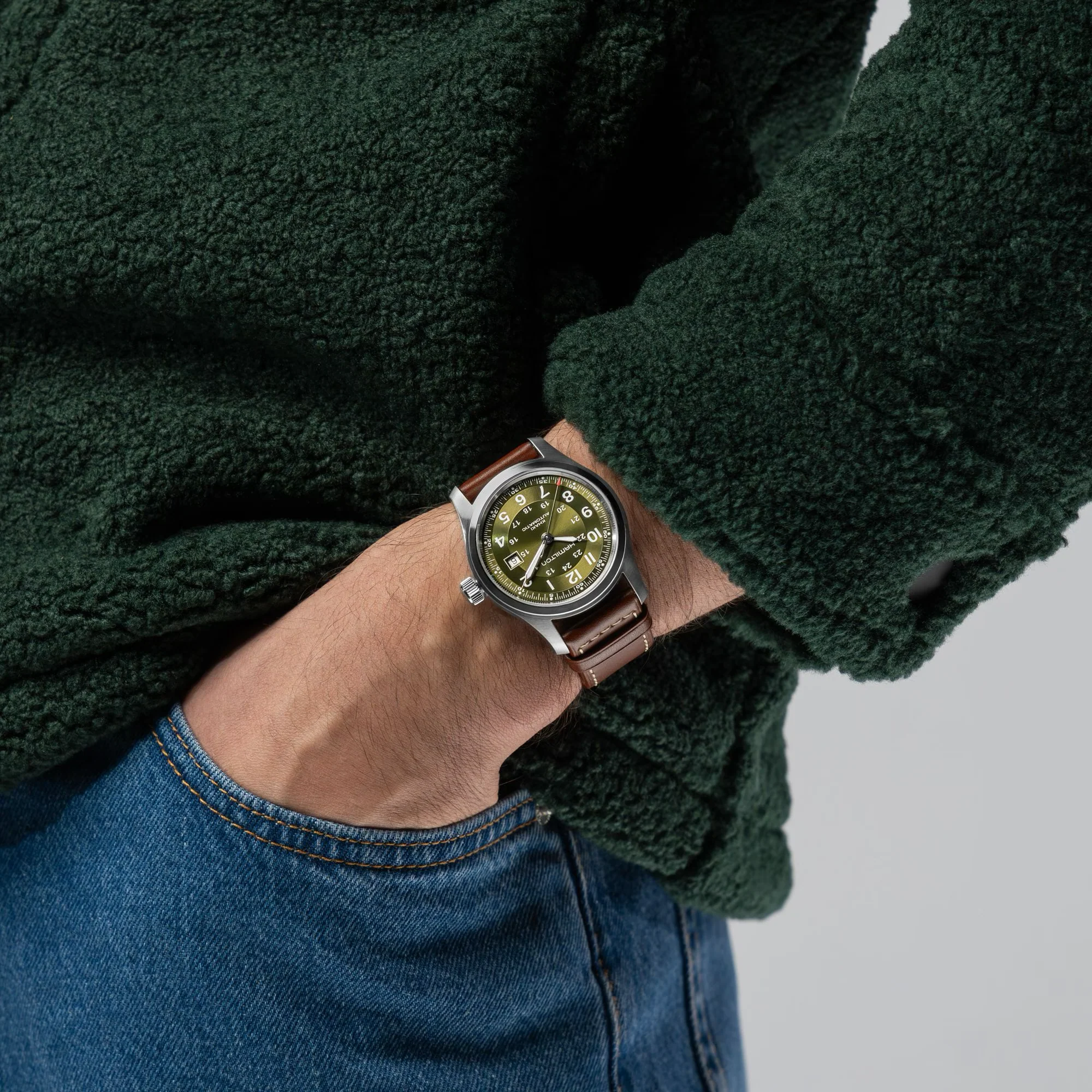 Hamilton Khaki Field Auto 42mm Green Dial Leather Strap - Image 2