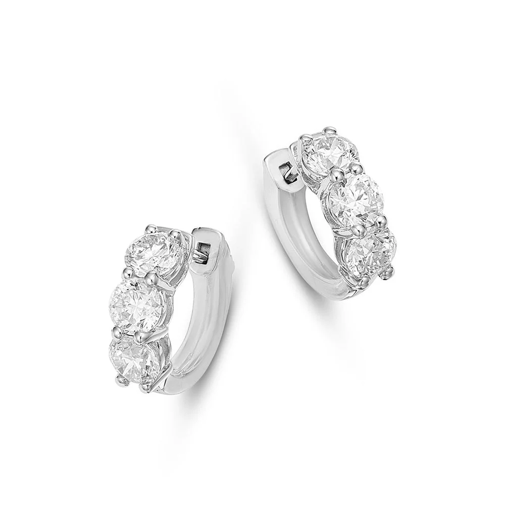 King Jewelers 1.01ct Three Stone Diamond Hoop Earrings 14K White Gold