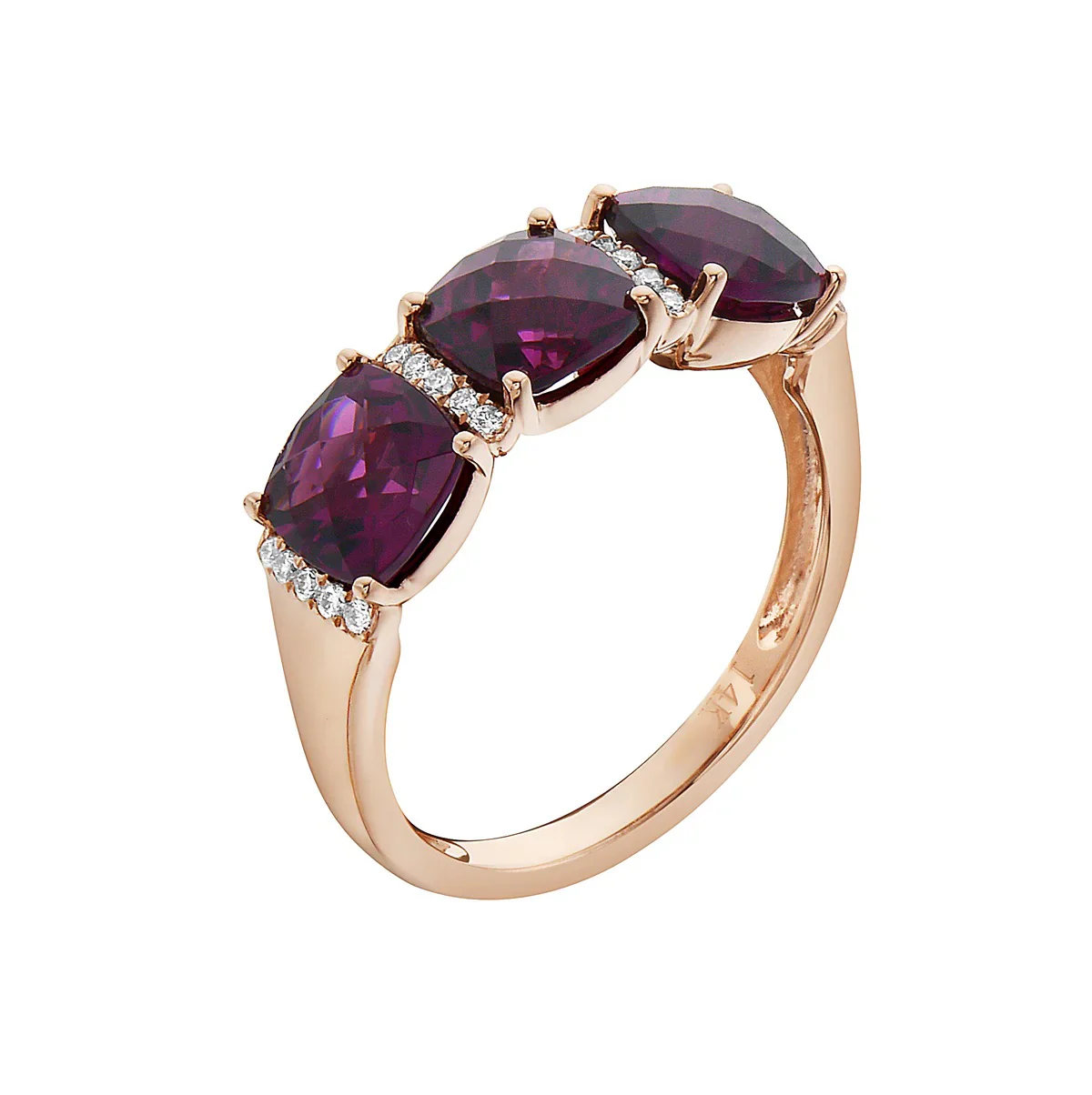 King Jewelers 14K Rose Gold Cushion Cut Rhodolite and Diamond Three Stone Ring - Image 2