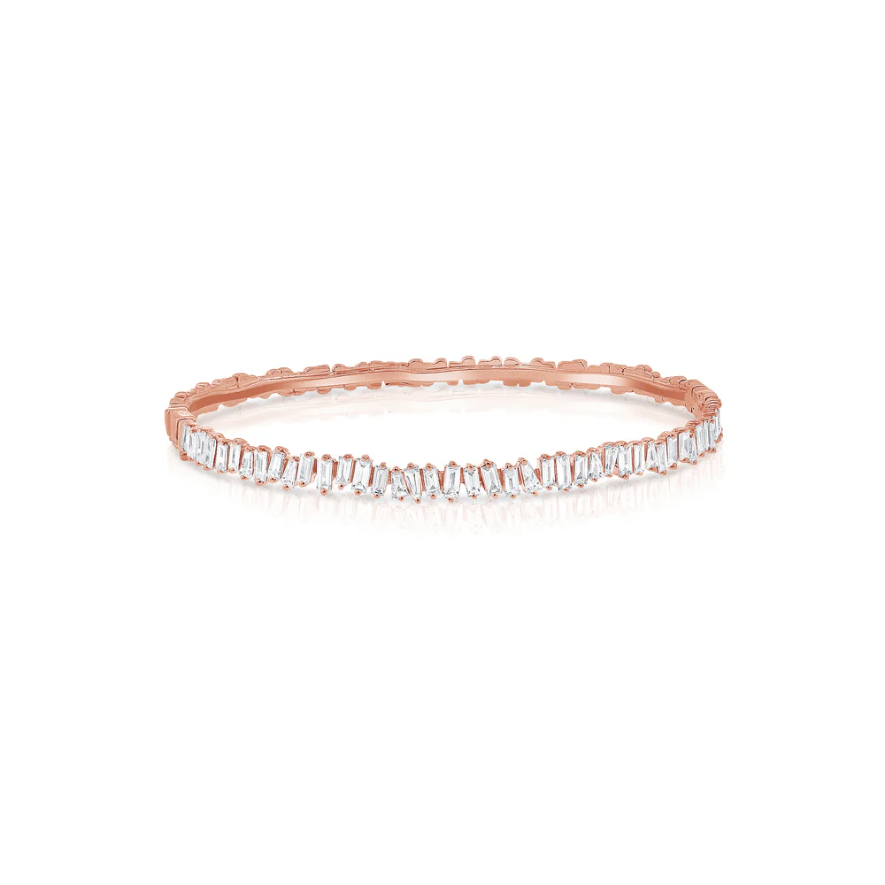 King Jewelers 14K Rose Gold Offset Baguette Diamond Bangle Bracelet