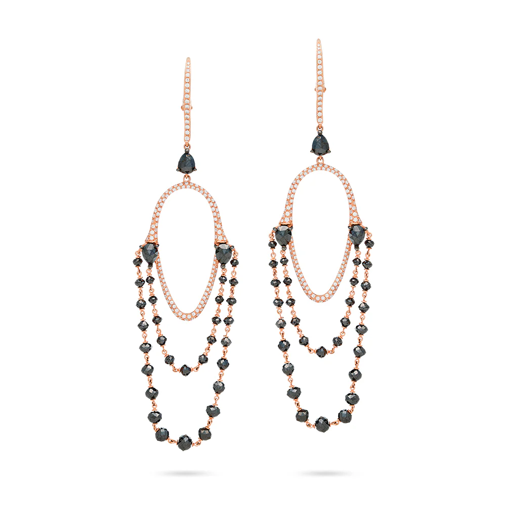 King Jewelers 18K Rose Gold Black and White Diamond Chandelier Earrings