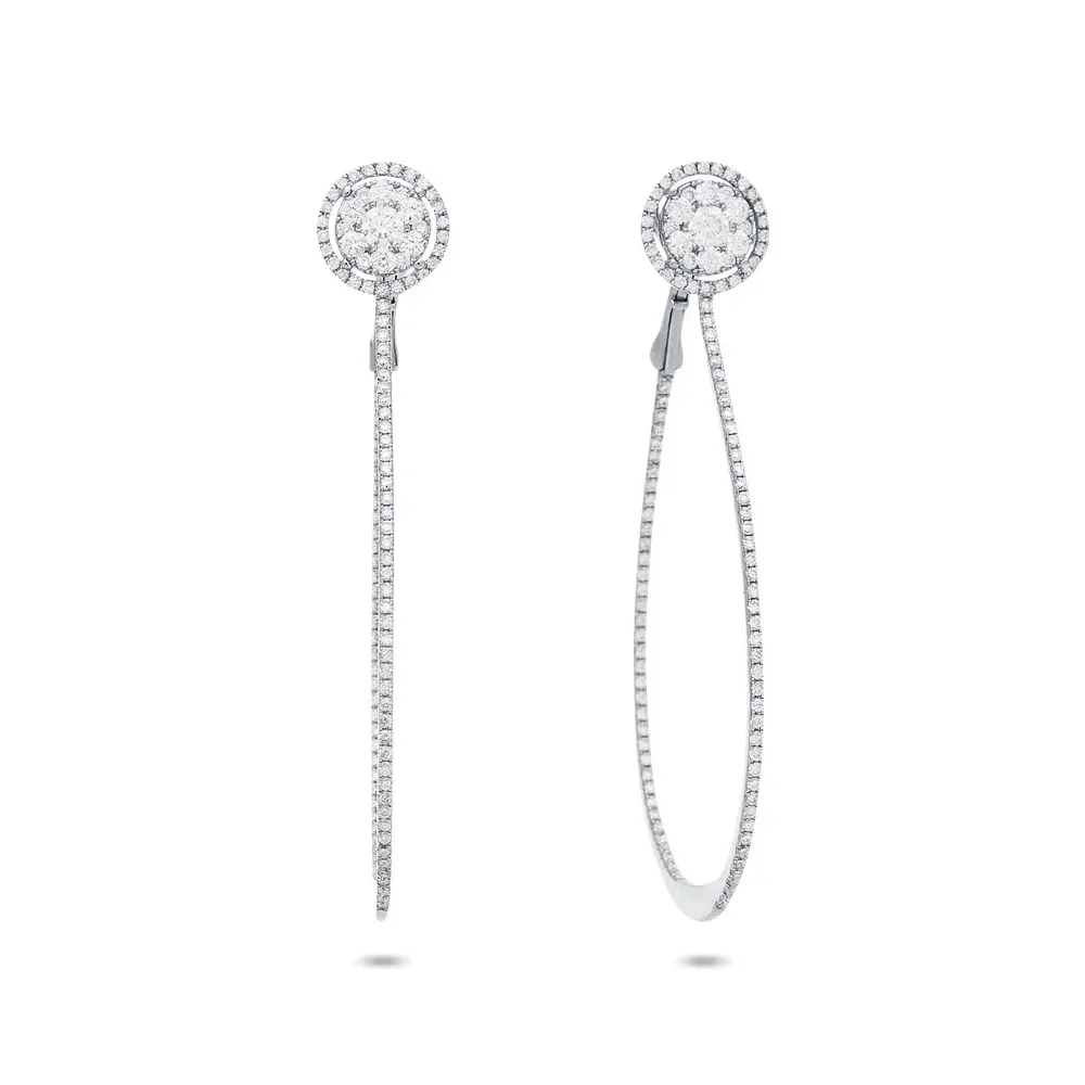 King Jewelers 18K White Gold Oval Diamond Hoop Earrings