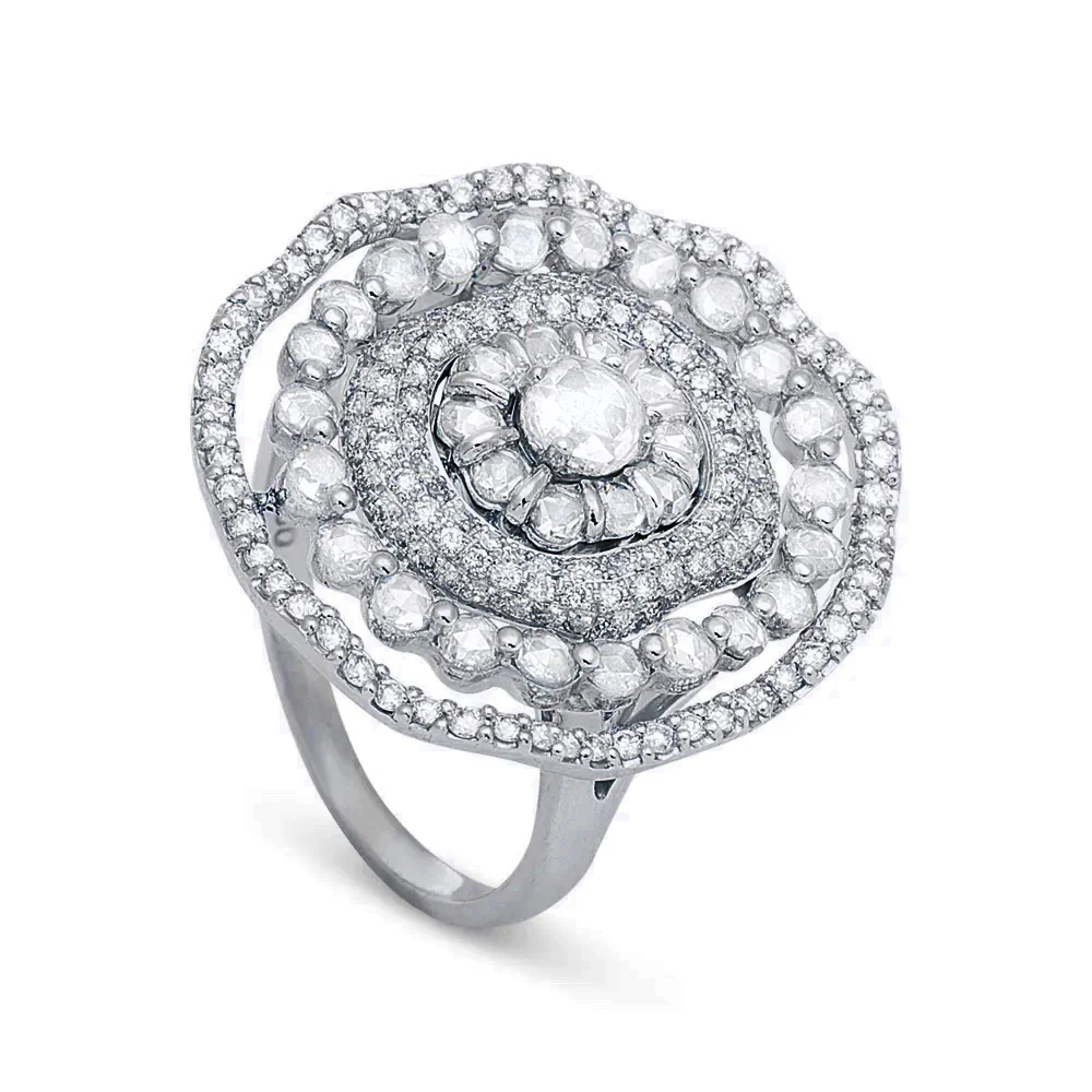 King Jewelers 18K White Gold Rose Cut Diamond Oval Ring