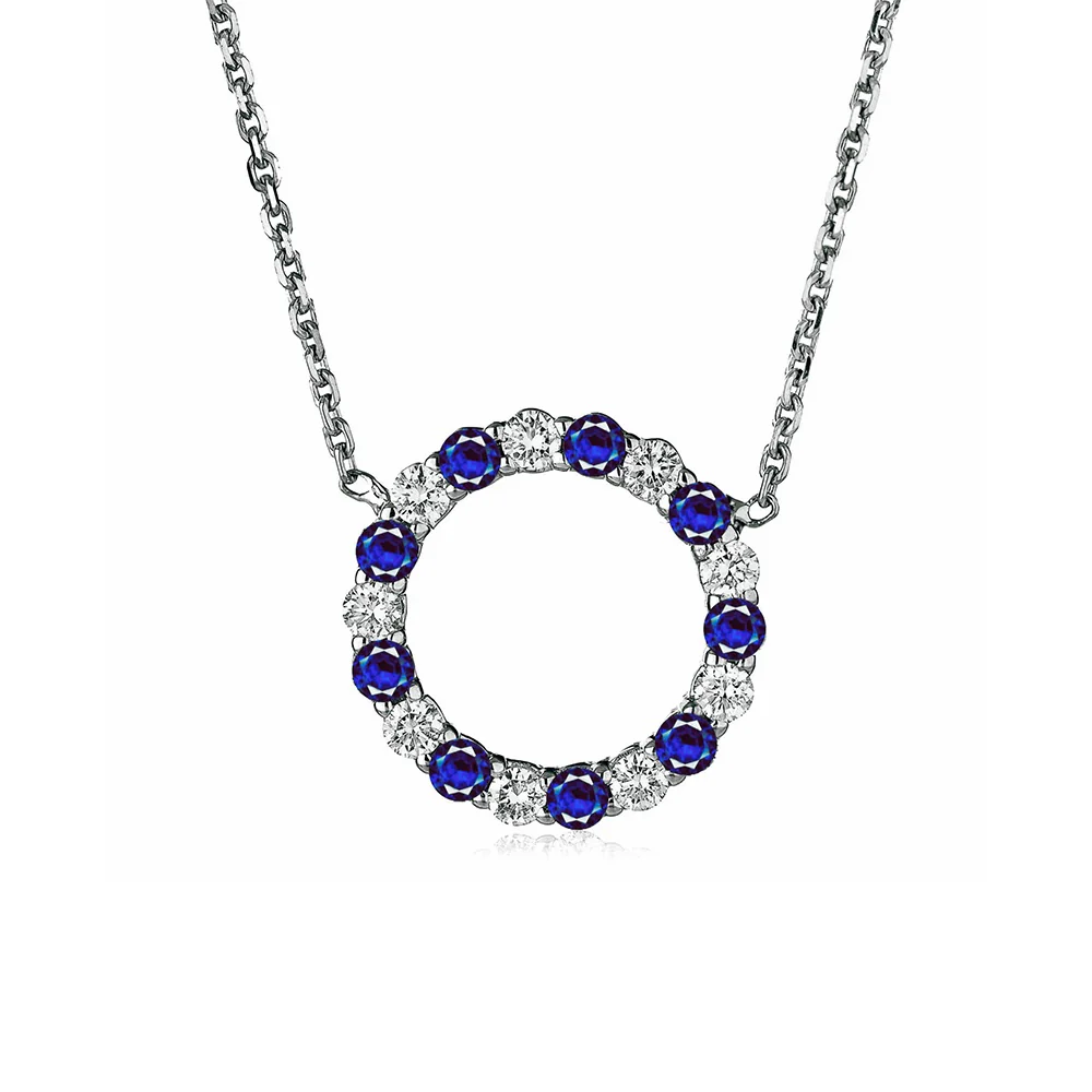 King Jewelers 18K White Gold Sapphire Diamond Circle Pendant