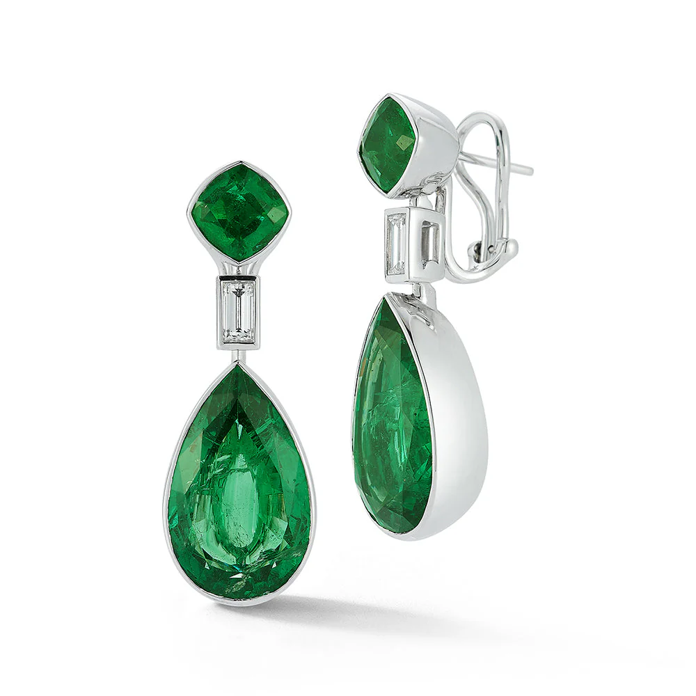 King Jewelers 18K White Gold Zambian Emerald and Diamond Drop Earrings - Image 2