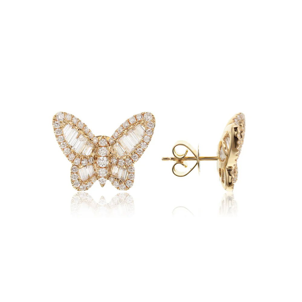 King Jewelers 18K Yellow Gold Butterfly Diamond Stud Earrings
