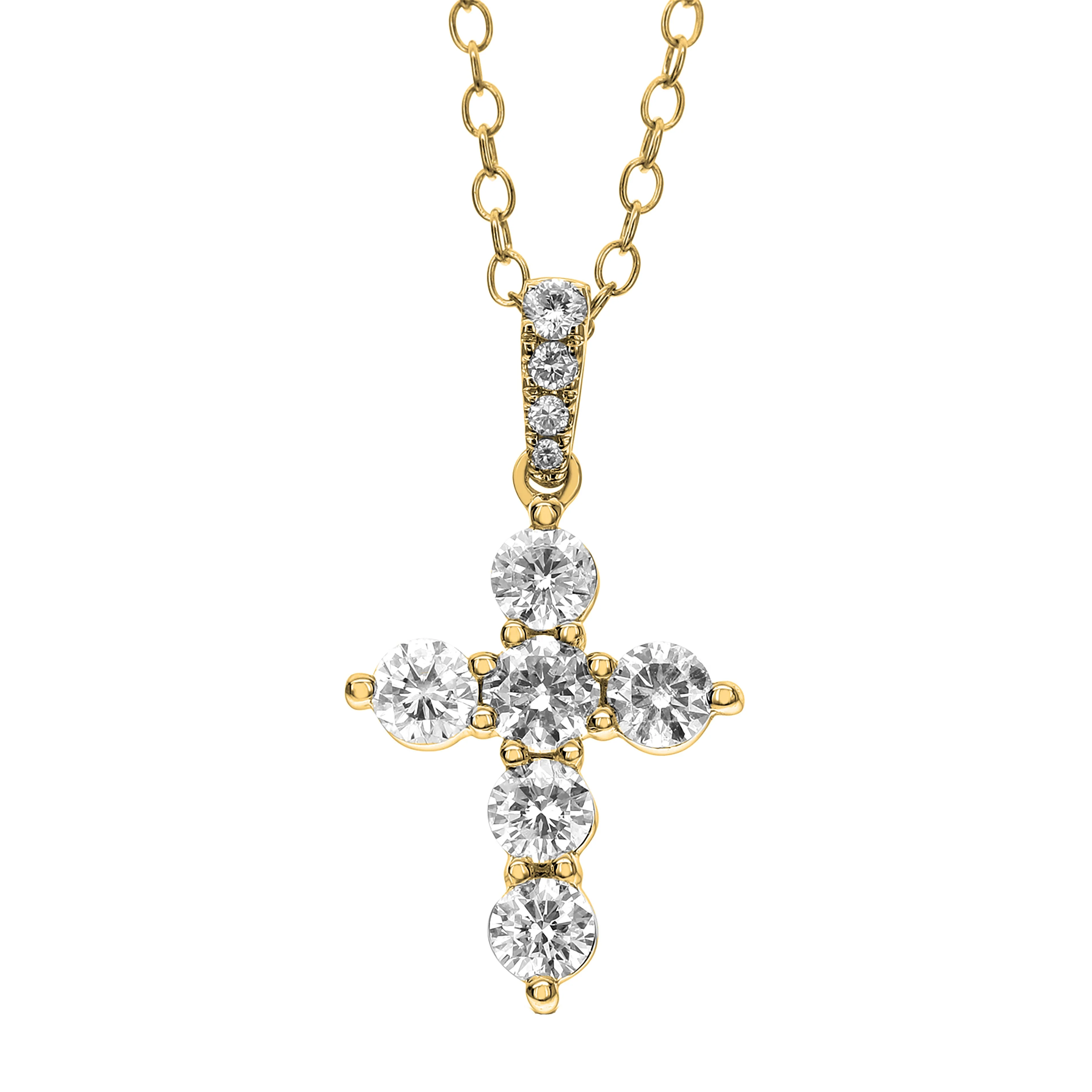 King Jewelers 7-Stone 0.75ct Diamond Cross Pendant 18K Yellow Gold