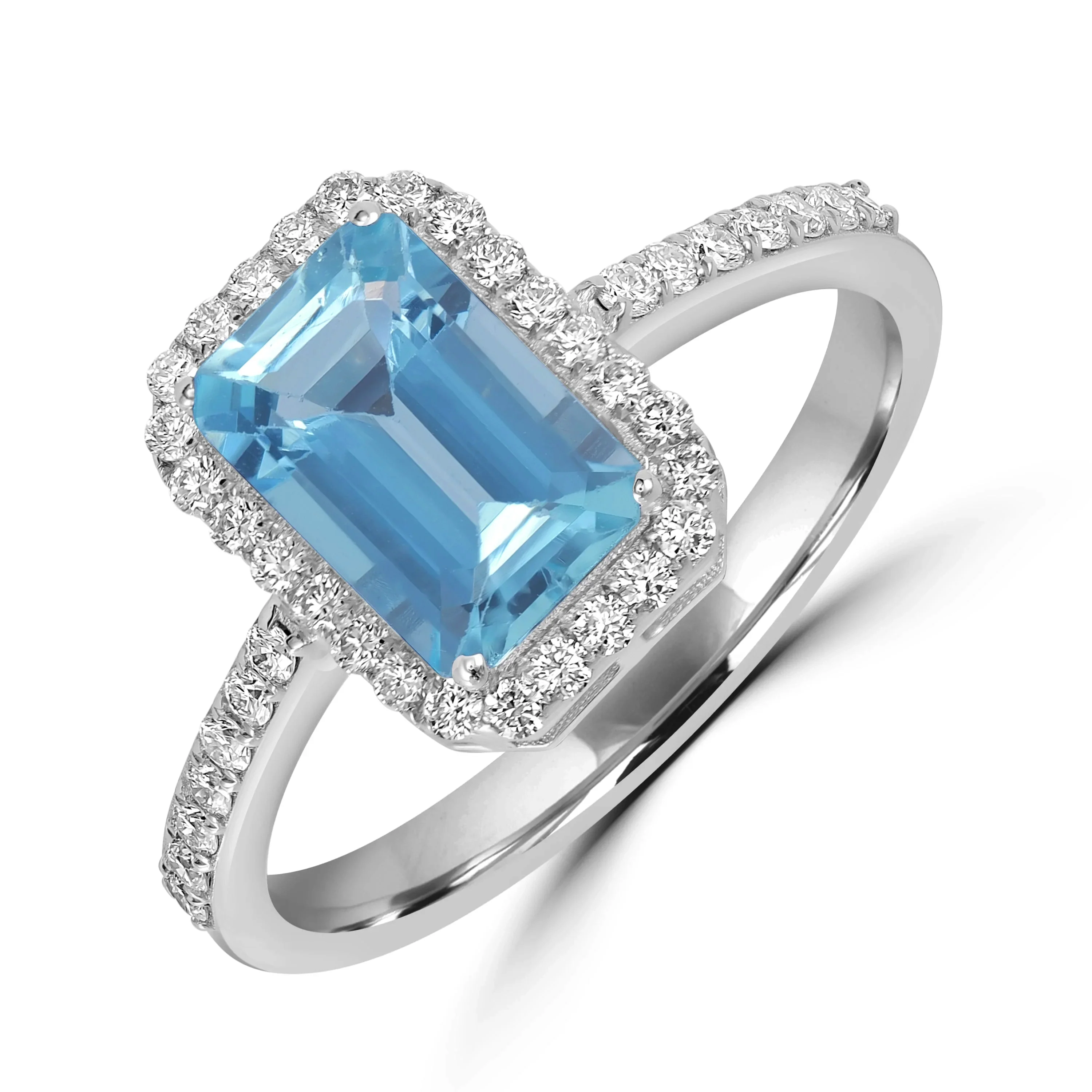 King Jewelers Aquamarine Ring with Diamond Halo 18K White Gold