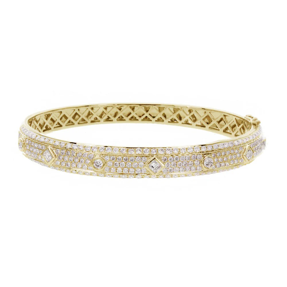 King Jewelers Asscher Cut Pave Diamond Bangle Bracelet 18K Yellow Gold