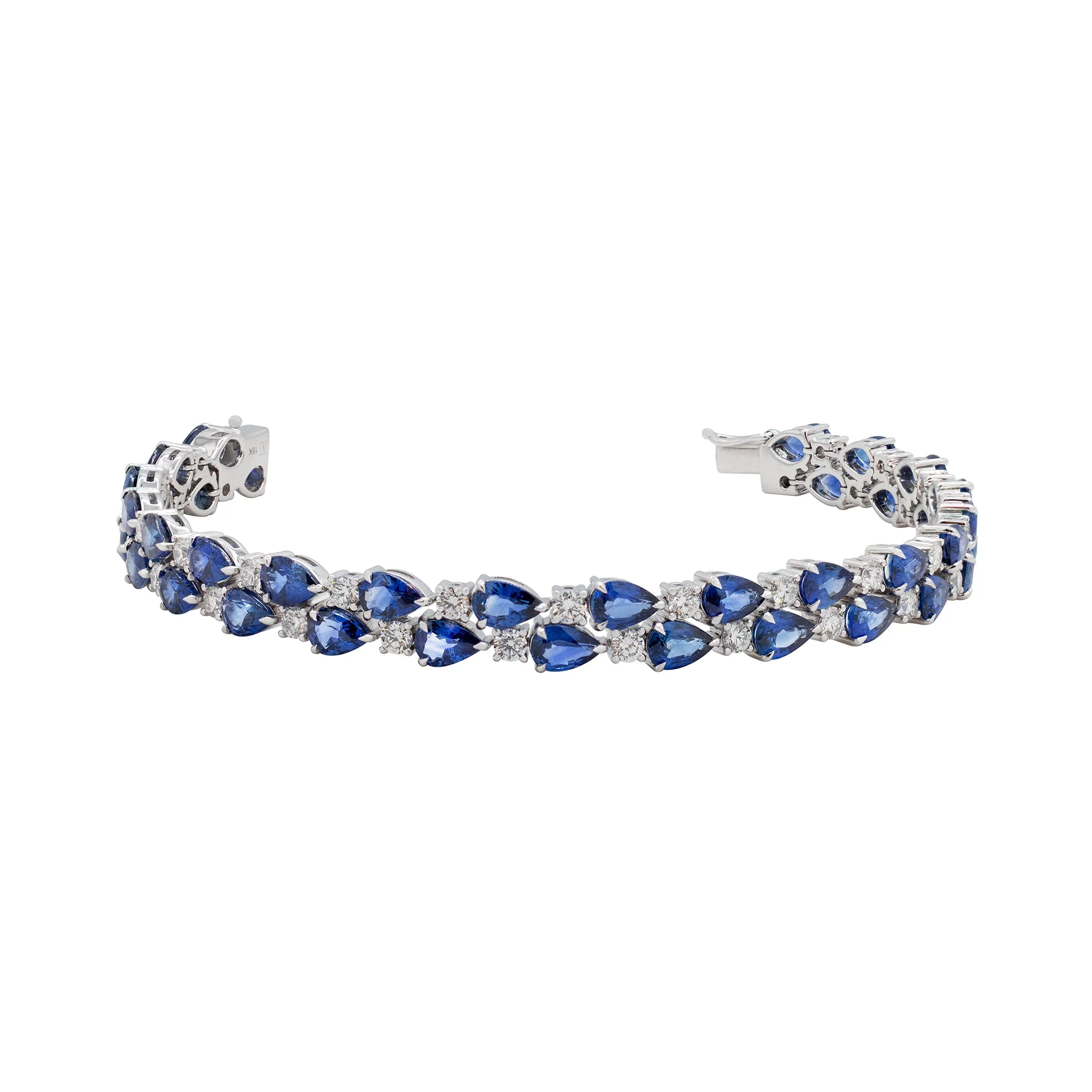 King Jewelers Blue Sapphire and Diamond Double Row Bracelet 18K White Gold