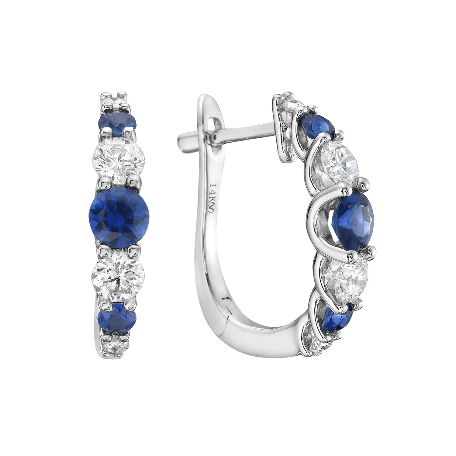 King Jewelers Diamond and Blue Sapphire Hoop Earrings 14K White Gold