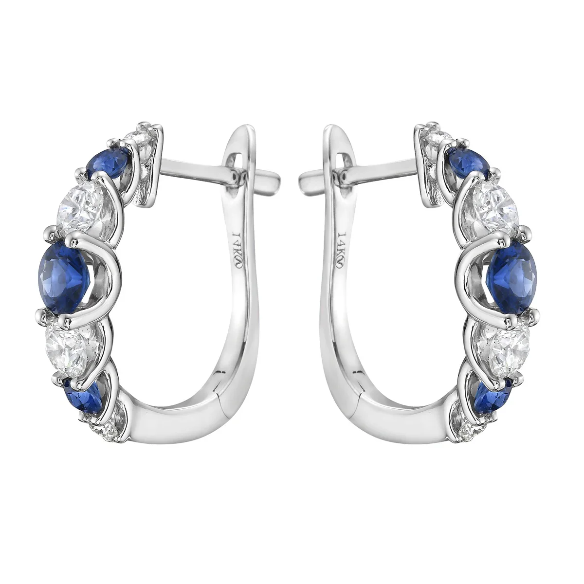 King Jewelers Diamond and Blue Sapphire Hoop Earrings 14K White Gold - Image 2