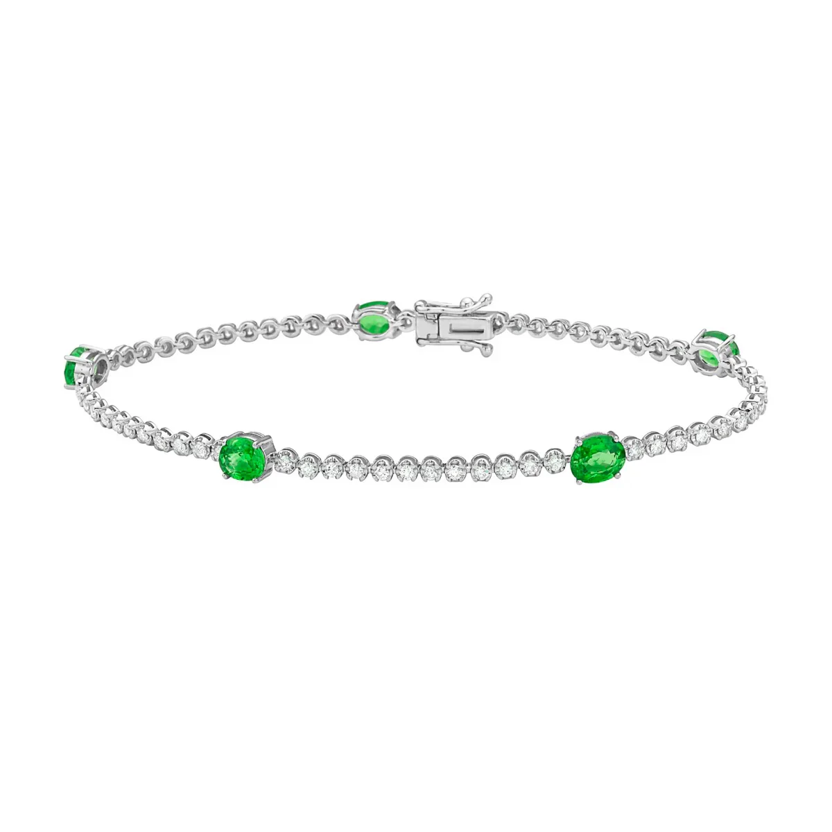 King Jewelers Emerald and Diamond Tennis Bracelet 14K White Gold
