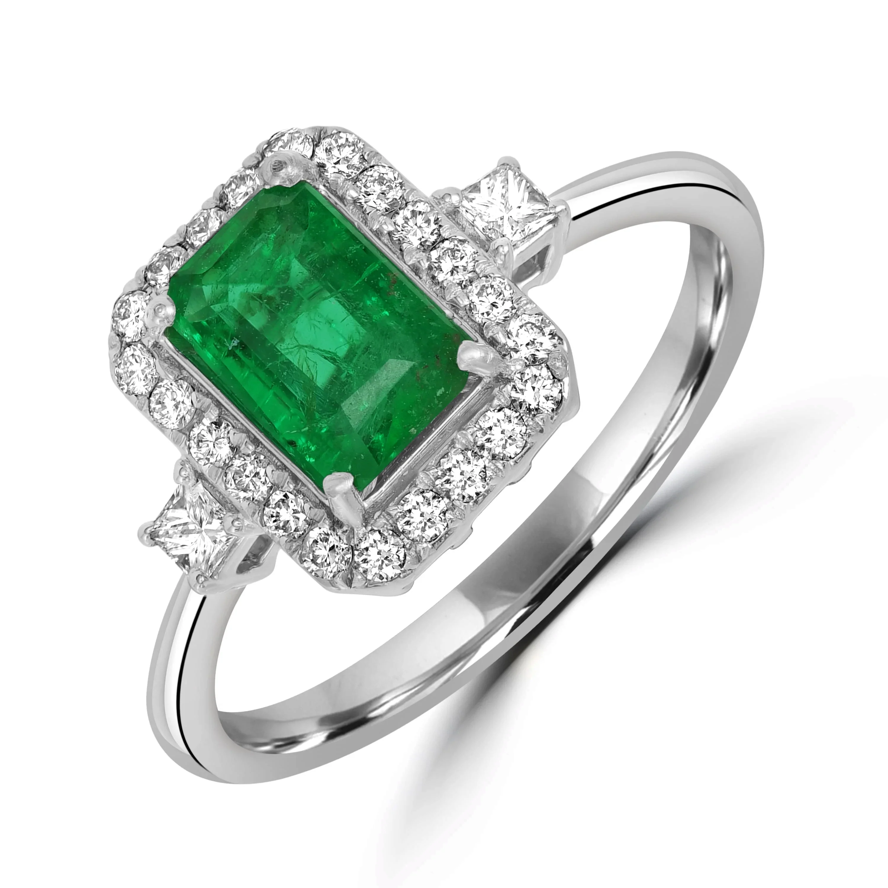 King Jewelers Emerald Ring with Diamond Halo 18K White Gold