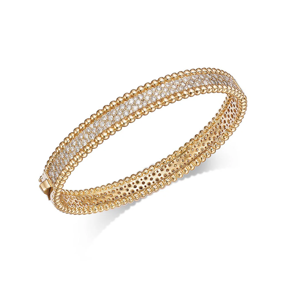 King Jewelers Gold Bead and Diamond Bangle Bracelet 14K Yellow Gold