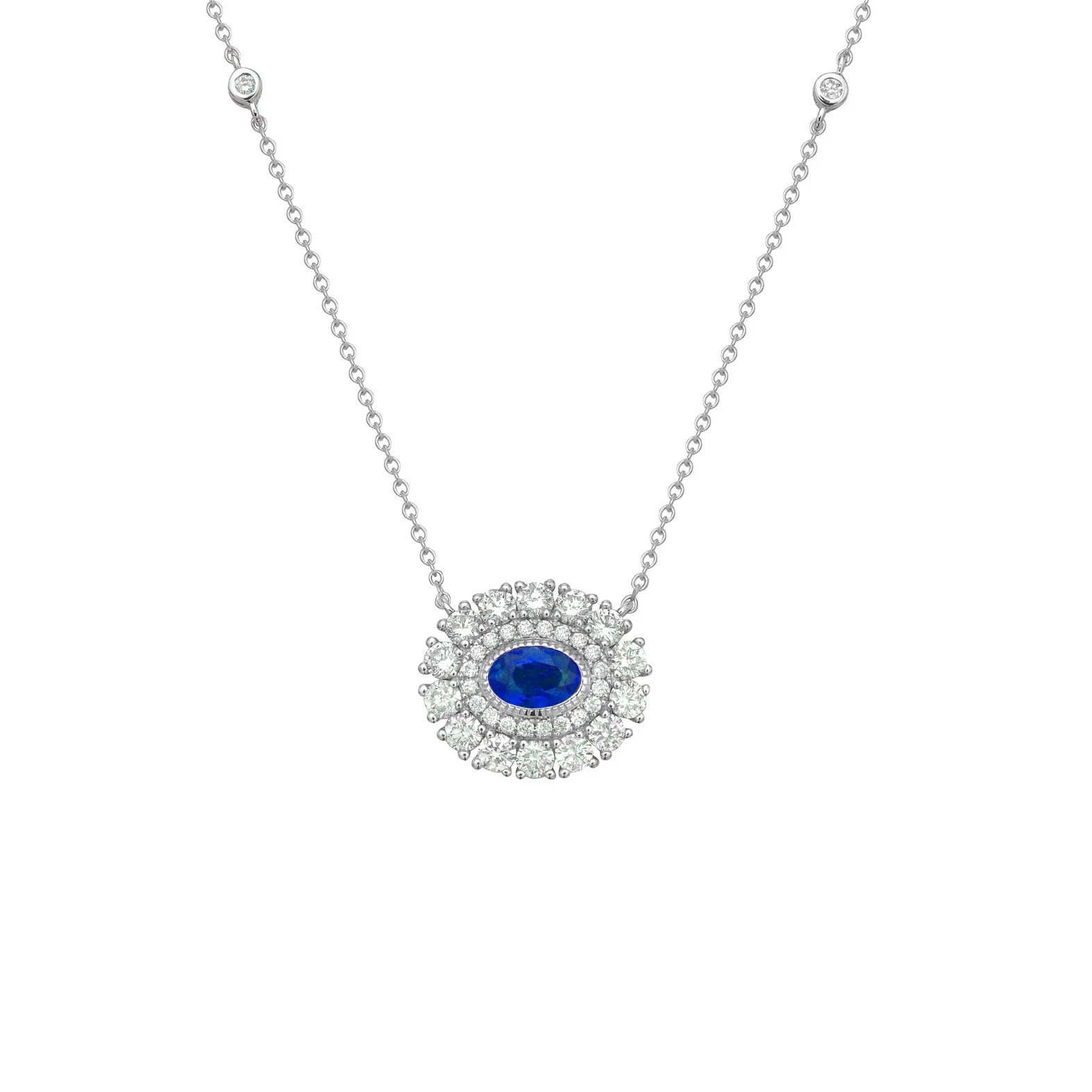 King Jewelers Oval Blue Sapphire Double Diamond Halo Pendant Necklace