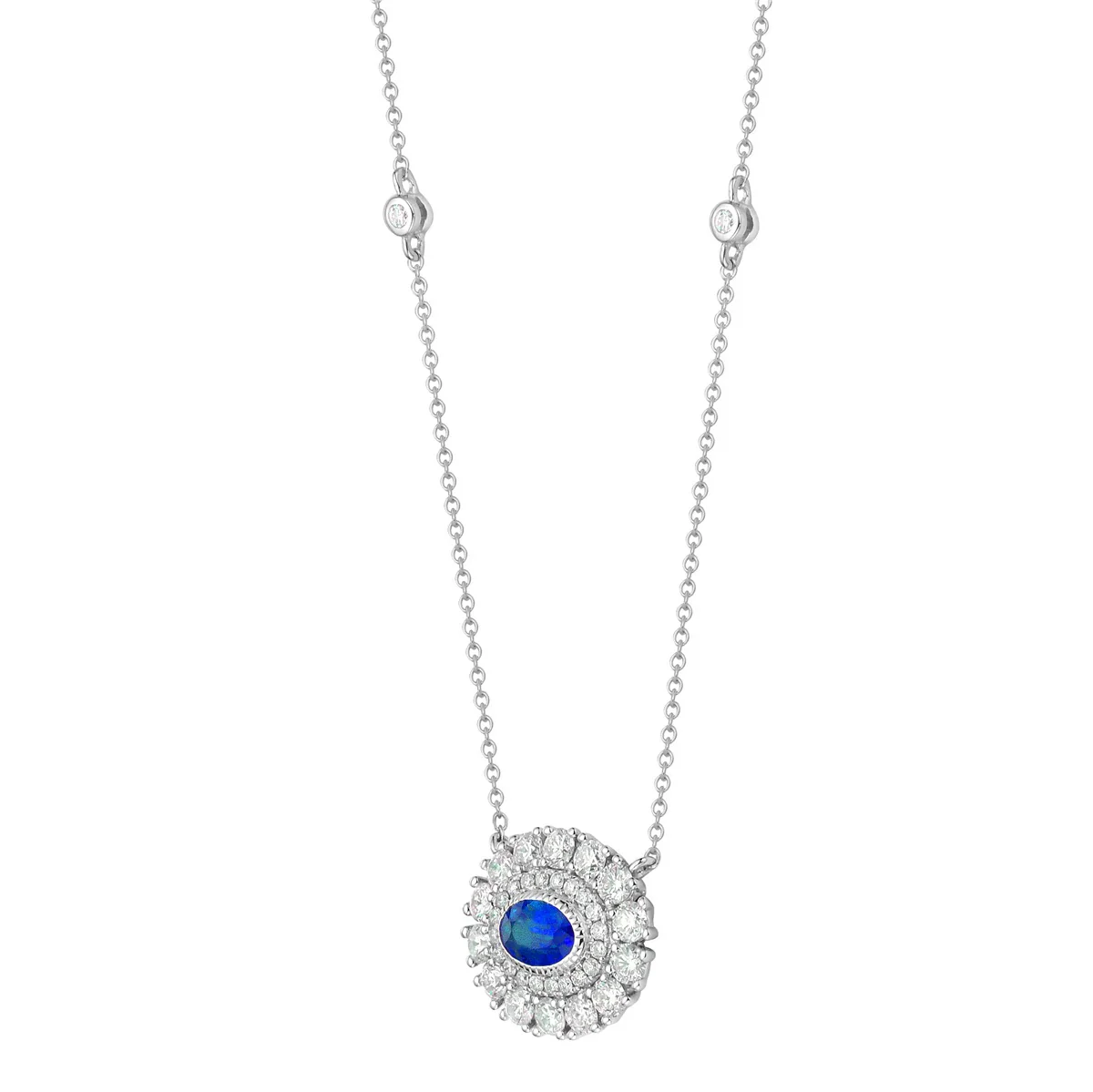 King Jewelers Oval Blue Sapphire Double Diamond Halo Pendant Necklace - Image 2