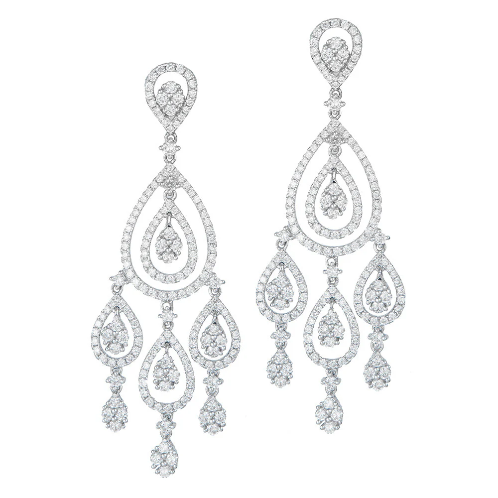 King Jewelers Pear Diamond Chandelier Earrings 18K White Gold