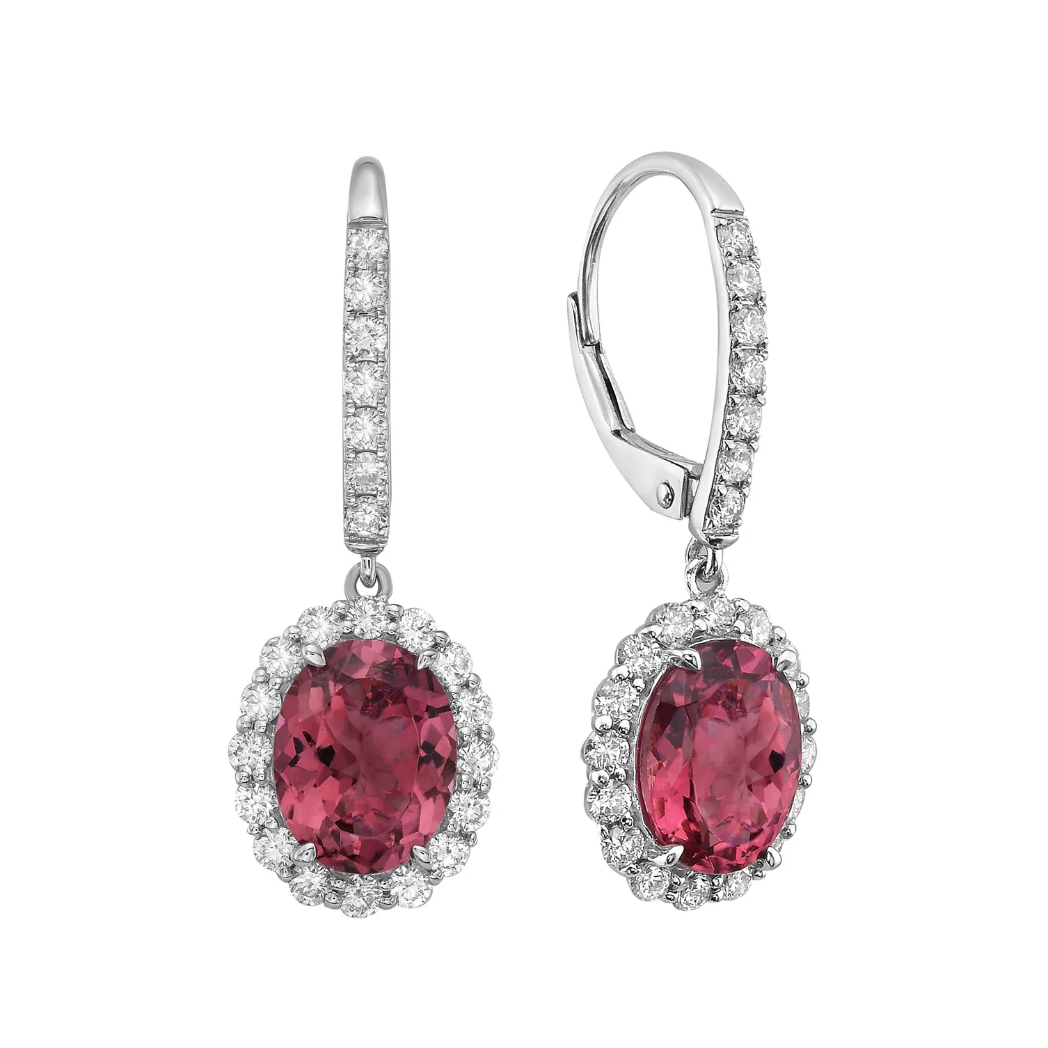 King Jewelers Pink Tourmaline Diamond Halo Drop Earrings 14K White Gold
