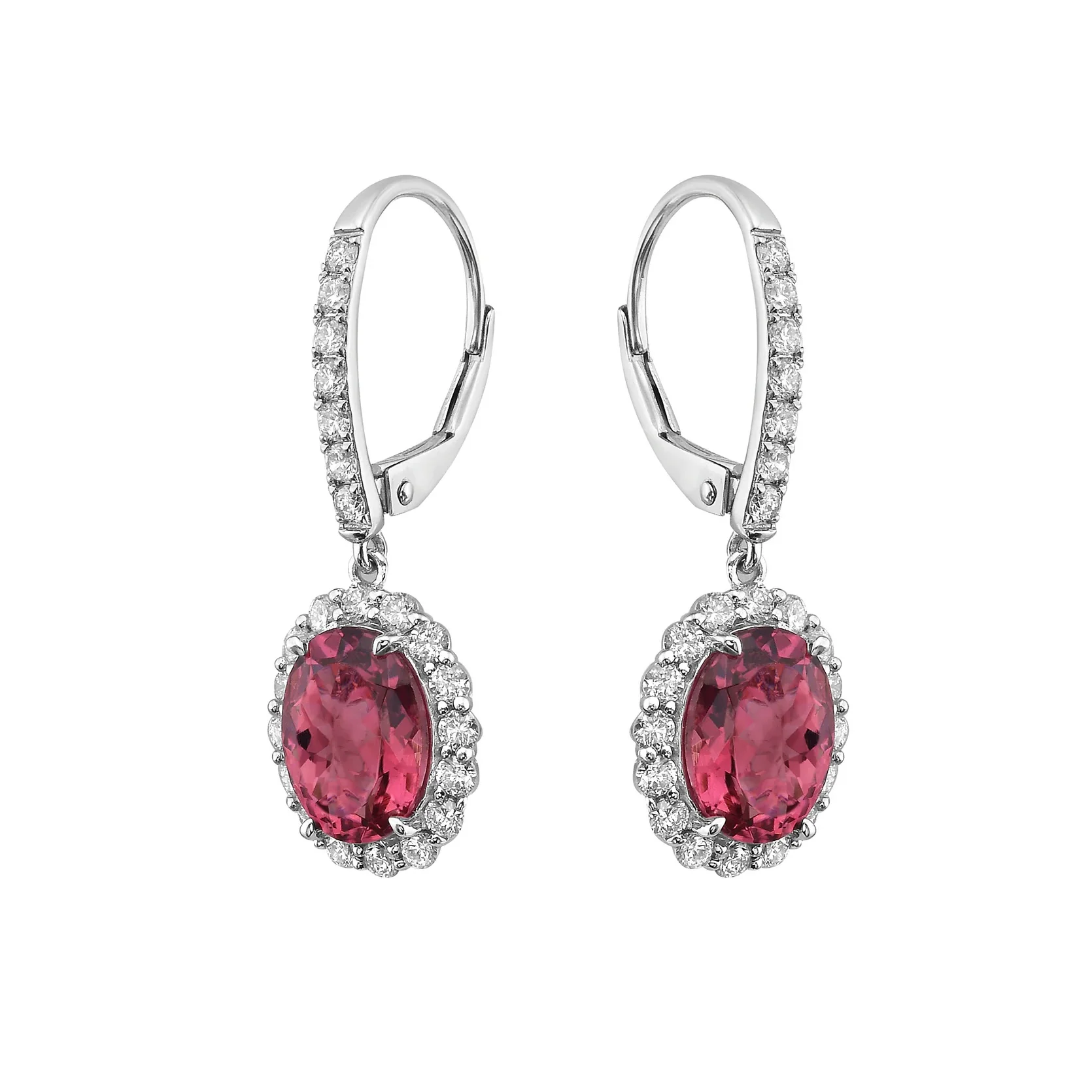 King Jewelers Pink Tourmaline Diamond Halo Drop Earrings 14K White Gold - Image 2
