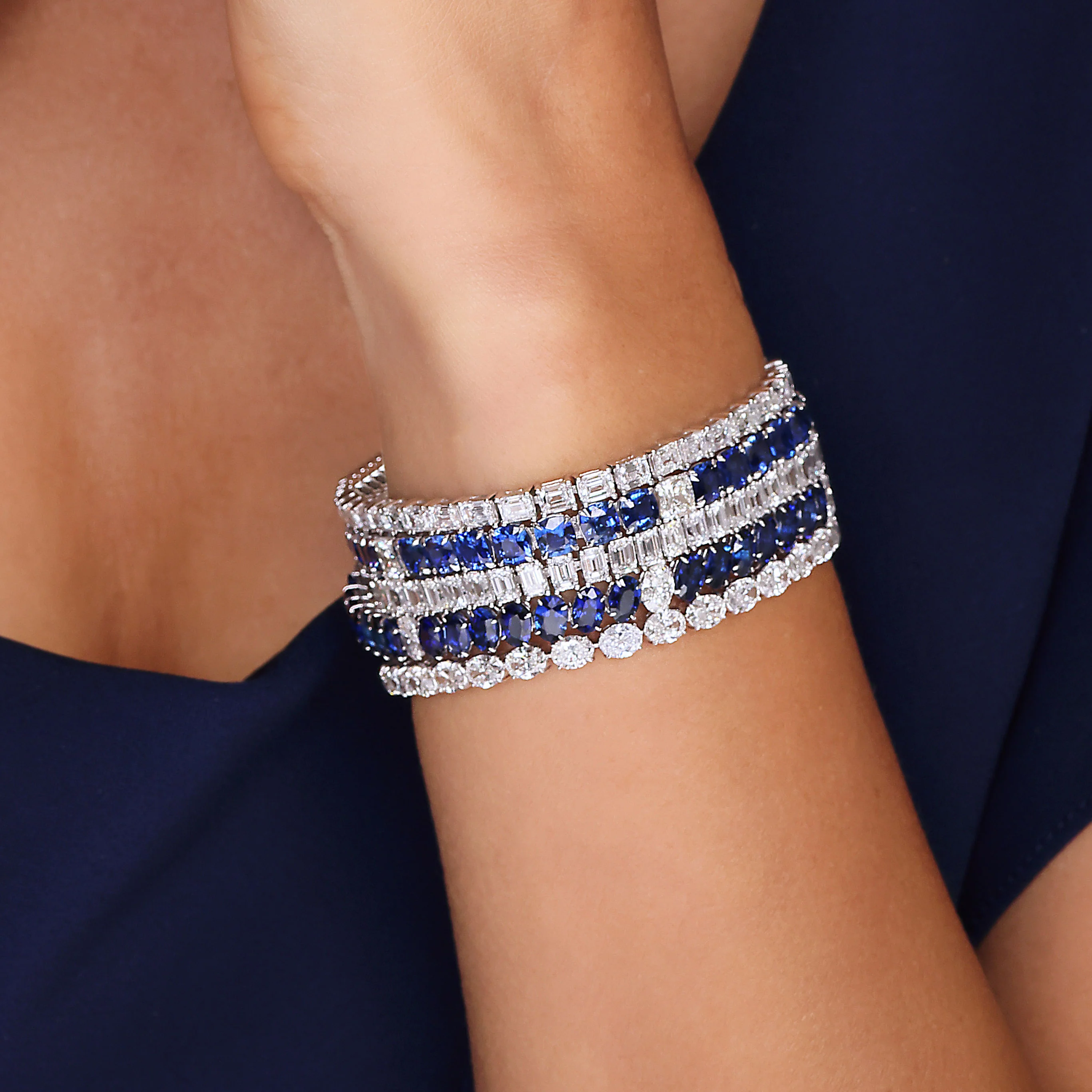 King Jewelers Oval Sapphire and Diamond Bracelet 18K White Gold - Image 2