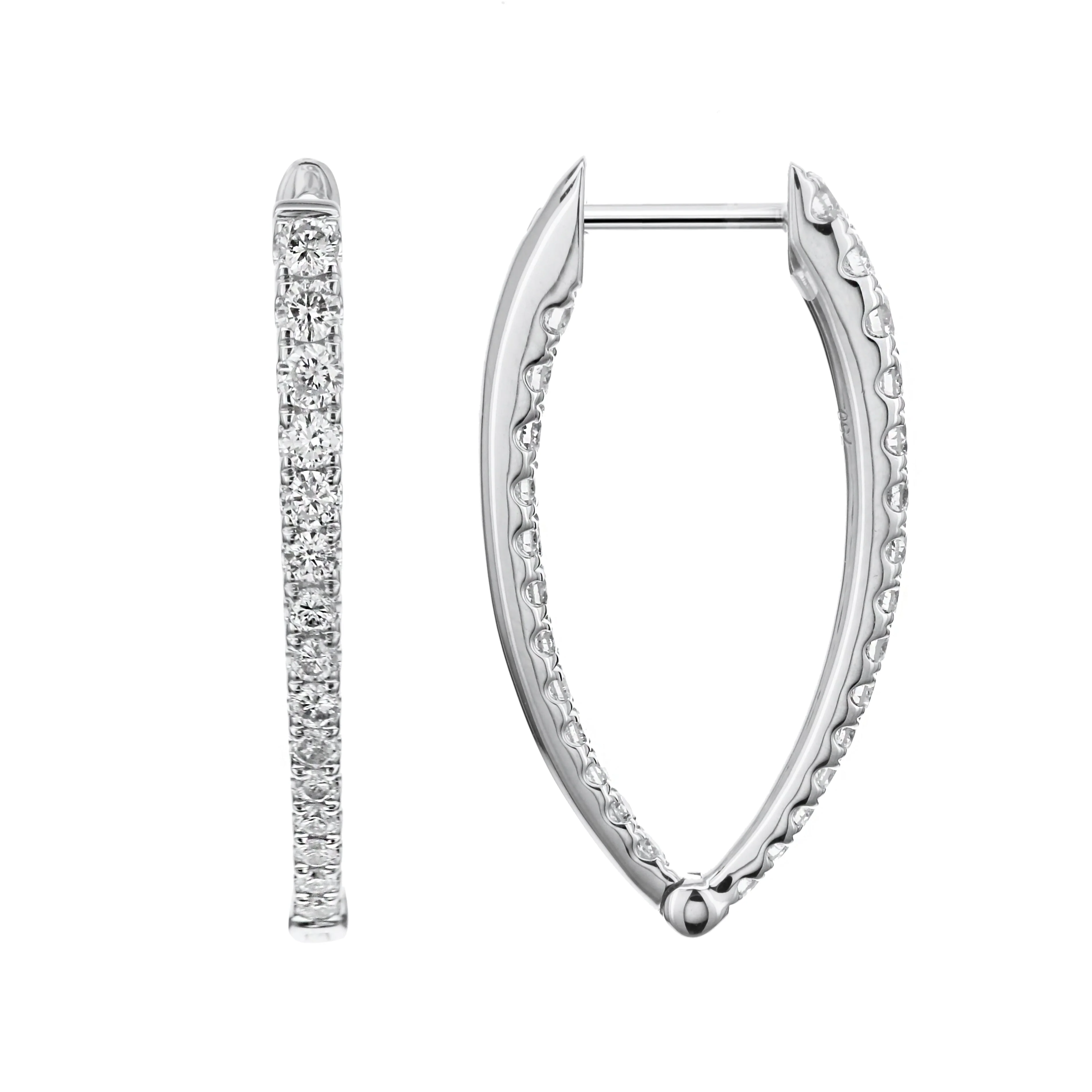 King Jewelers Tapered 1.10ct Diamond Hoop Earrings 18K White Gold