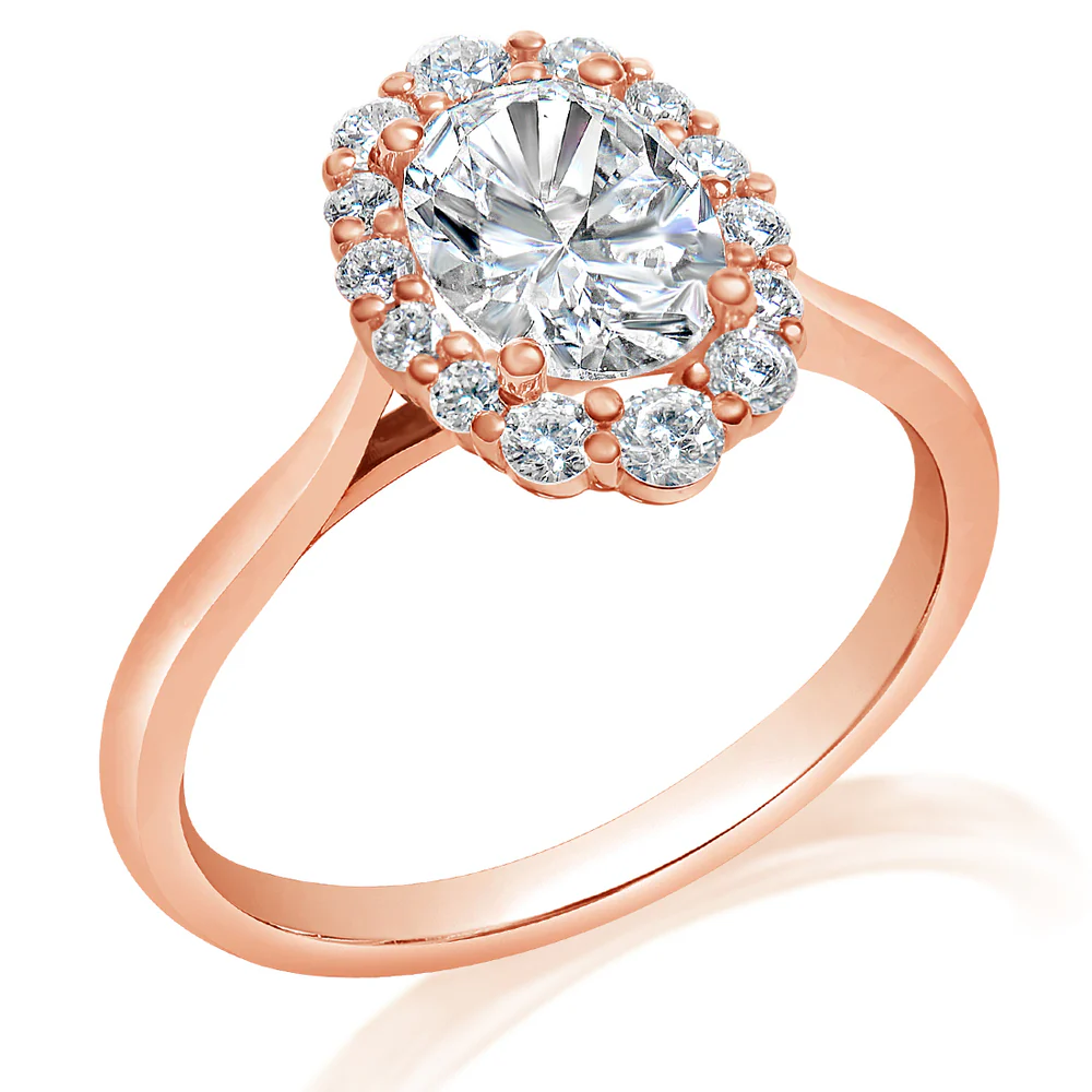 KJ5 14K Rose Gold Oval Diamond Halo Tapered Engagement Ring Mounting - Image 2