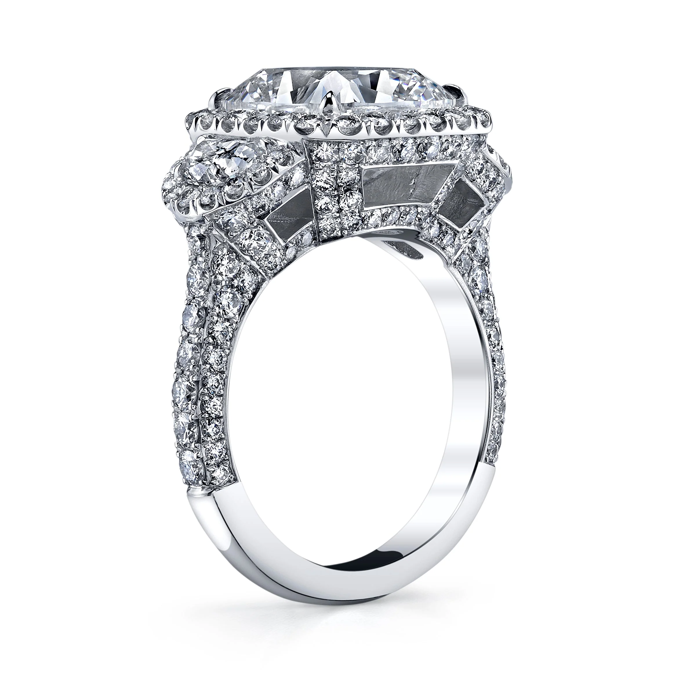 KJ5 Platinum GIA Certified Cushion Cut Three Stone Diamond Halo Engagement Ring - Image 2