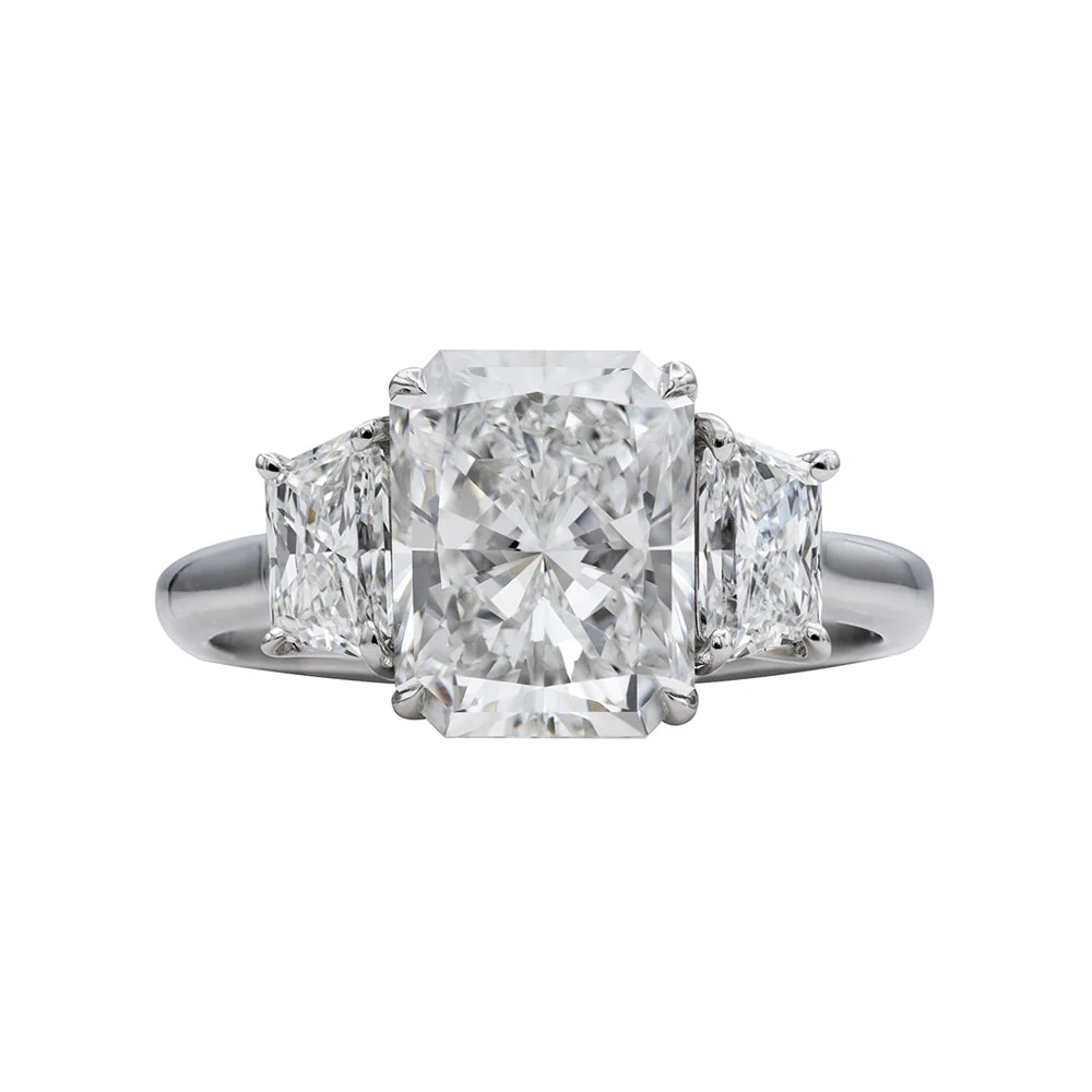 KJ5 Platinum GIA Certified Radiant Cut Diamond Three Stone Engagement Ring