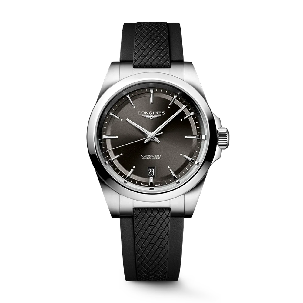 Longines Conquest 38mm Black Dial Rubber Strap Watch