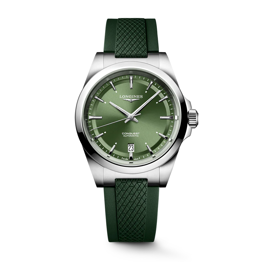 Longines Conquest 38mm Green Dial Rubber Strap Watch