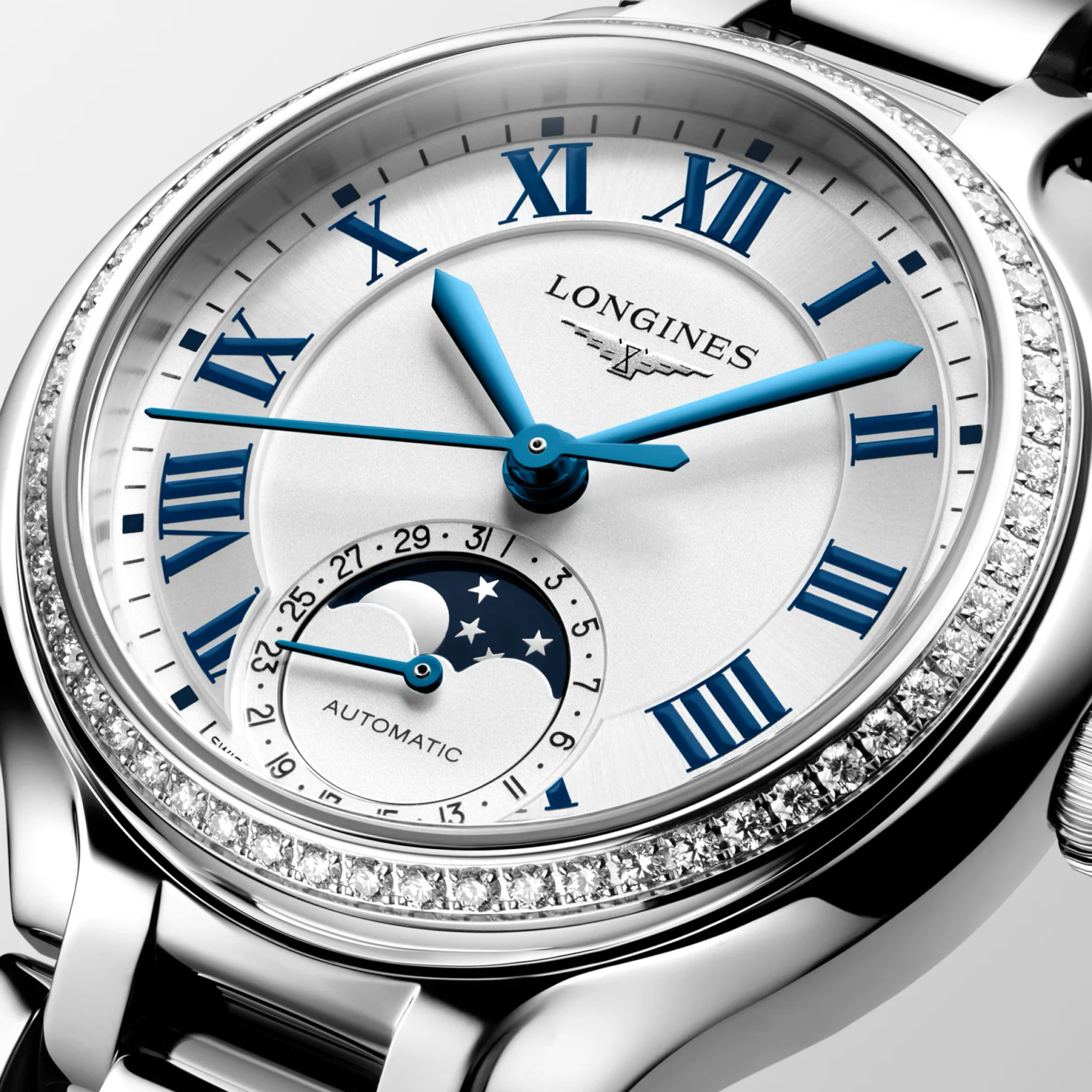 Longines PrimaLuna Moonphase 34mm Silver Dial Diamond Bezel - Image 4